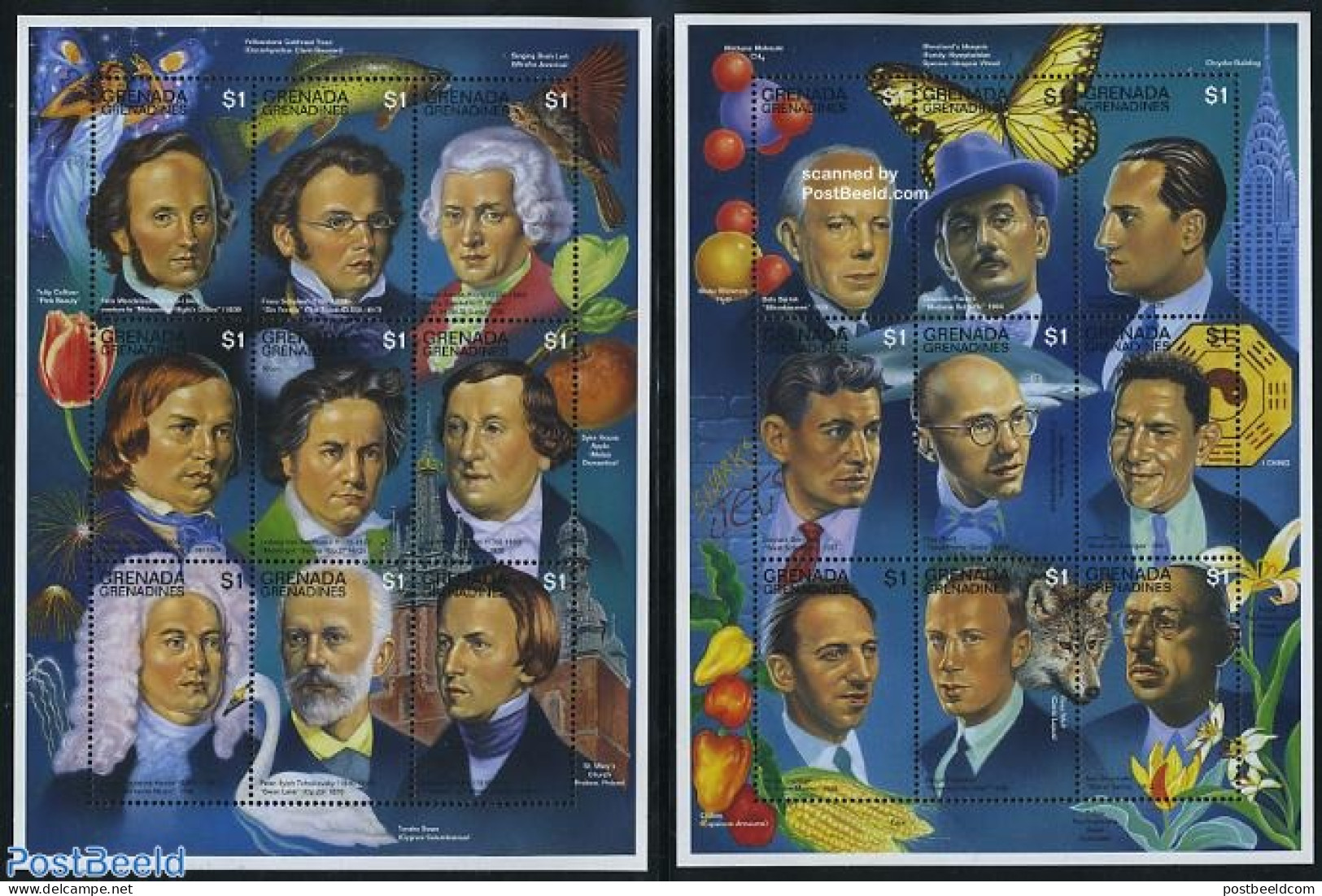 Grenada Grenadines 1996 Composers 18v (2 M/s), Mint NH, Nature - Performance Art - Animals (others & Mixed) - Birds - .. - Fishes