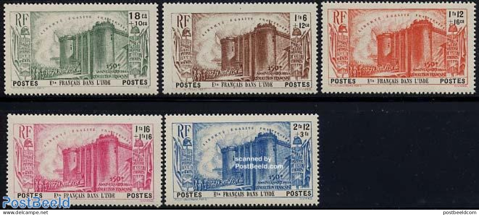 French India 1939 150 Years French Revolution 5v, Unused (hinged), History - History - Art - Castles & Fortifications - Nuovi