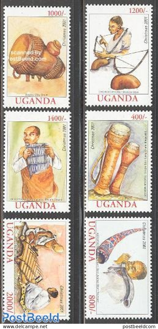 Uganda 2001 Christmas, Music 6v, Mint NH, Performance Art - Religion - Music - Musical Instruments - Christmas - Music