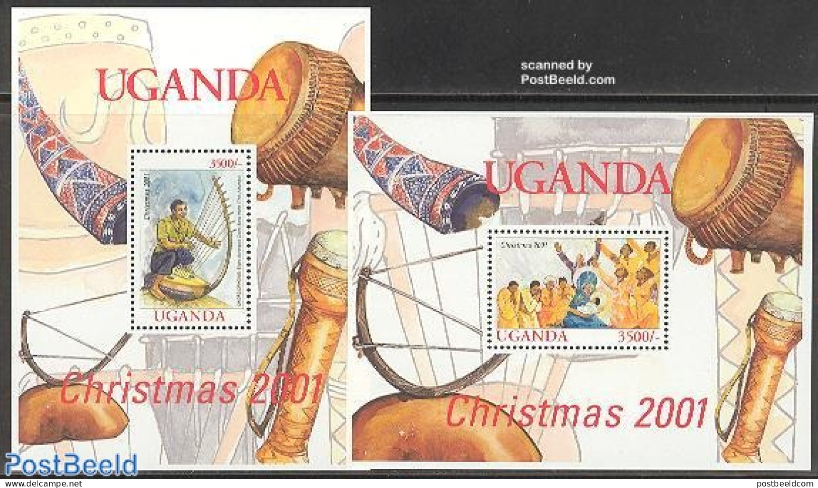Uganda 2001 Christmas, Music 2 S/s, Mint NH, Performance Art - Religion - Music - Musical Instruments - Christmas - Musica