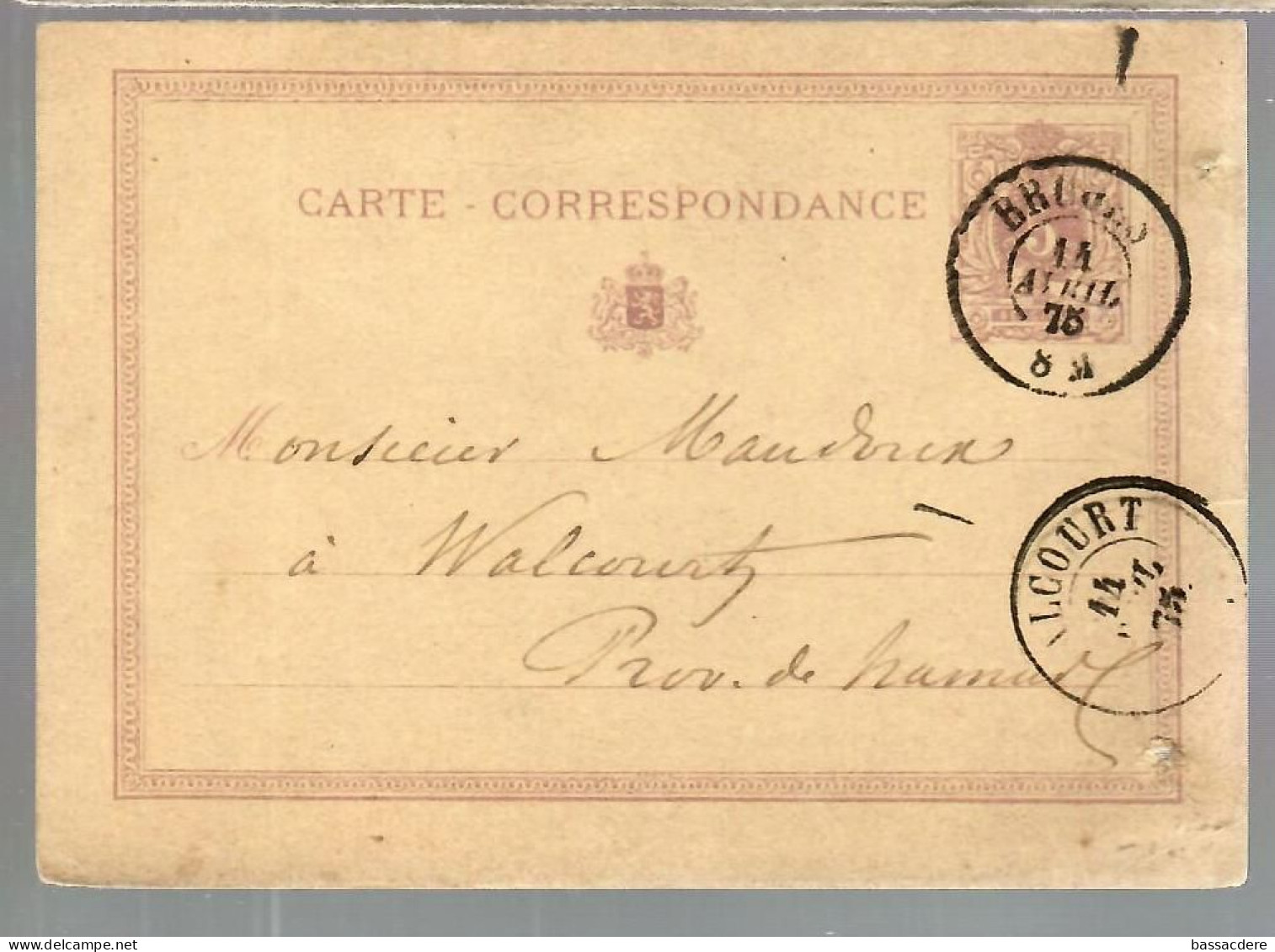 79974 -  Entier  Pour WALCOURT - Postkarten 1871-1909