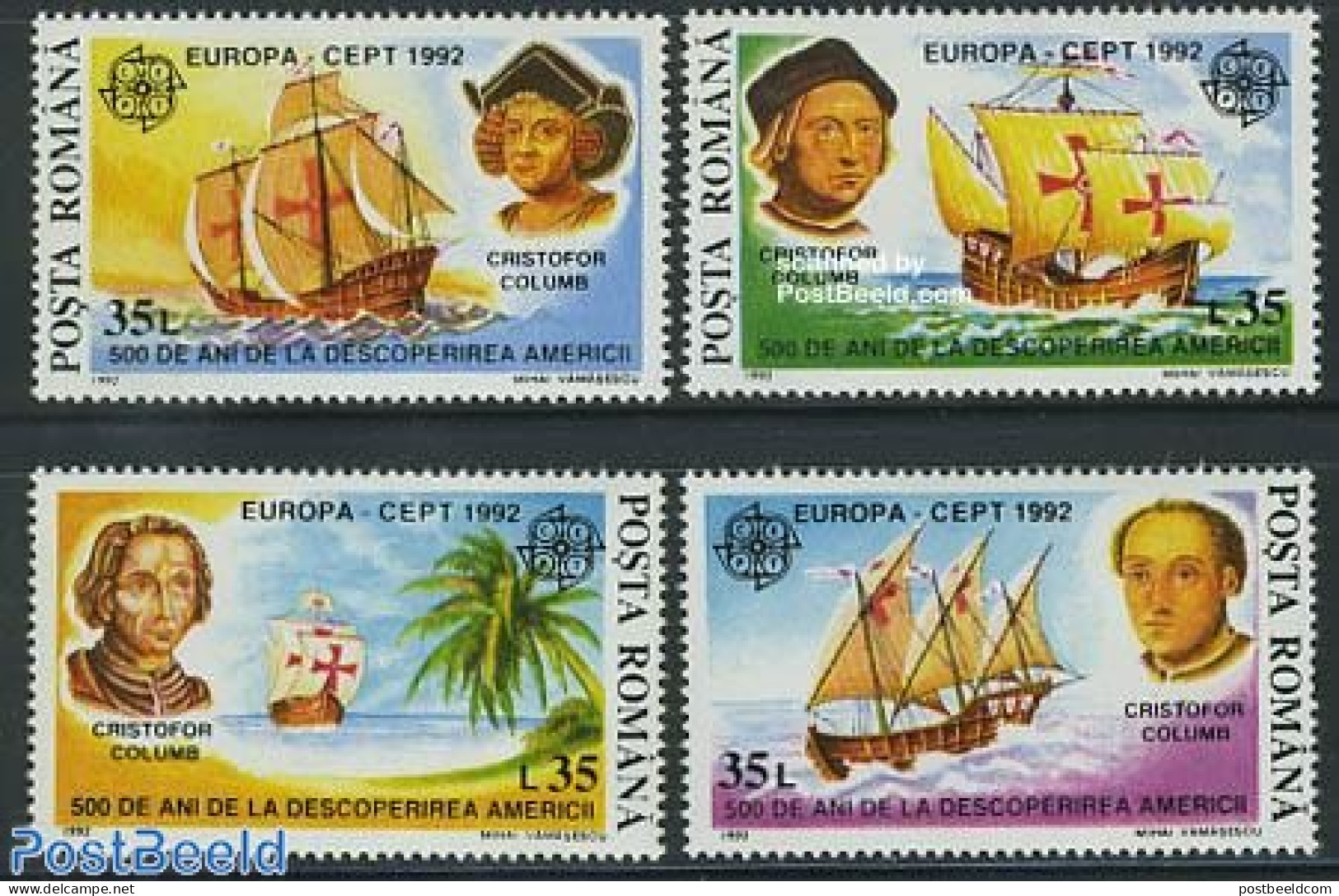 Romania 1992 Europa, Discovery America 4v, Mint NH, History - Transport - Explorers - Ships And Boats - Nuovi
