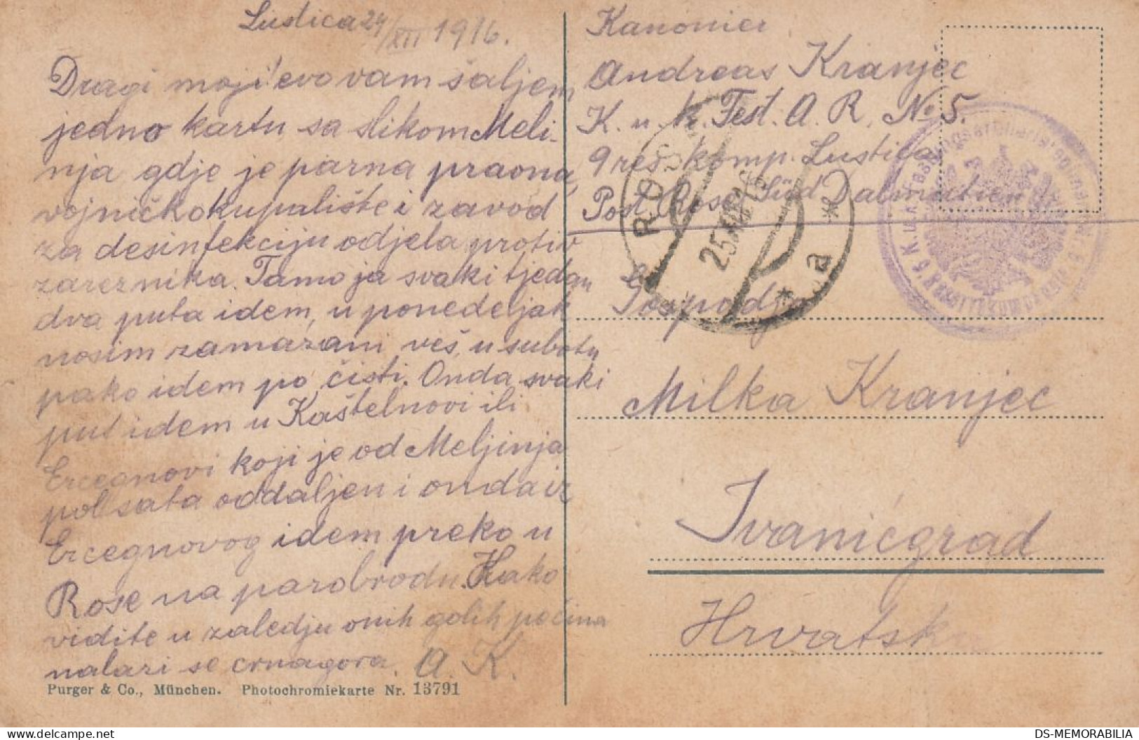 Meljine 1916 Feldpost Sent To Ivanic Grad Croatia - Montenegro
