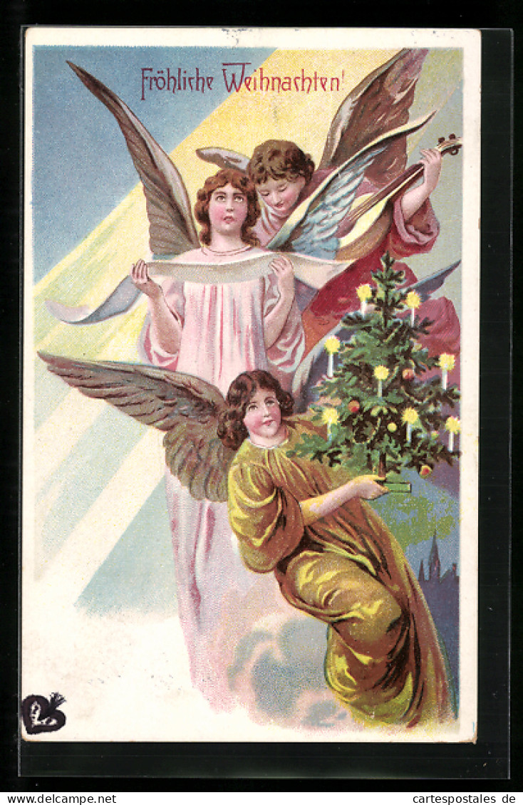 AK Weihnachtsengel Mit Tannenbaum, Fröhliche Weihnachten  - Engel