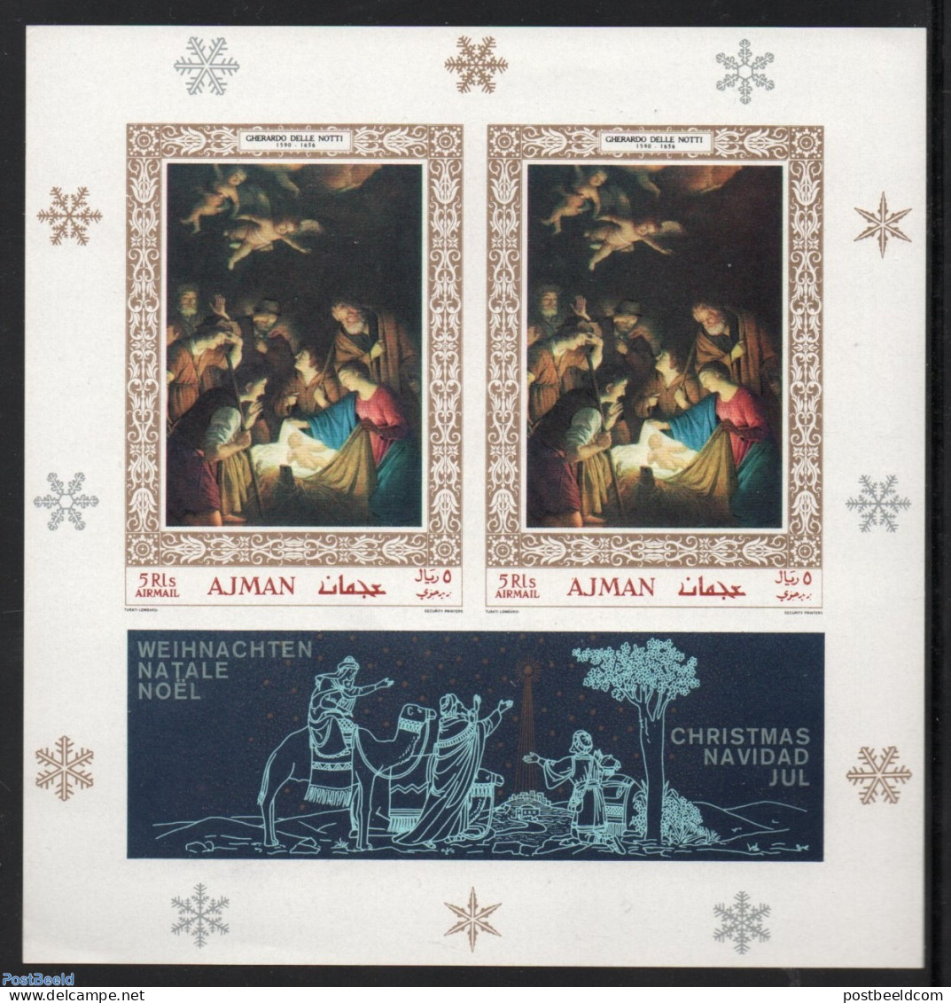 Ajman 1968 Christmas, Van Honthorst Painting S/s Imperforated, Mint NH, History - Religion - Netherlands & Dutch - Chr.. - Geography