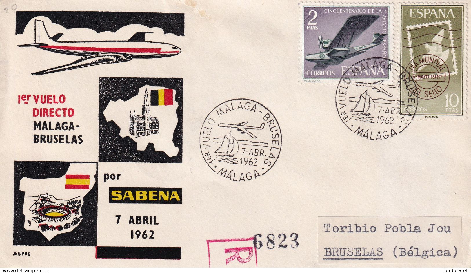 MATASELLOS 1962   PRIMER VUELO MALAGA-BRUSELAS - Cartas & Documentos