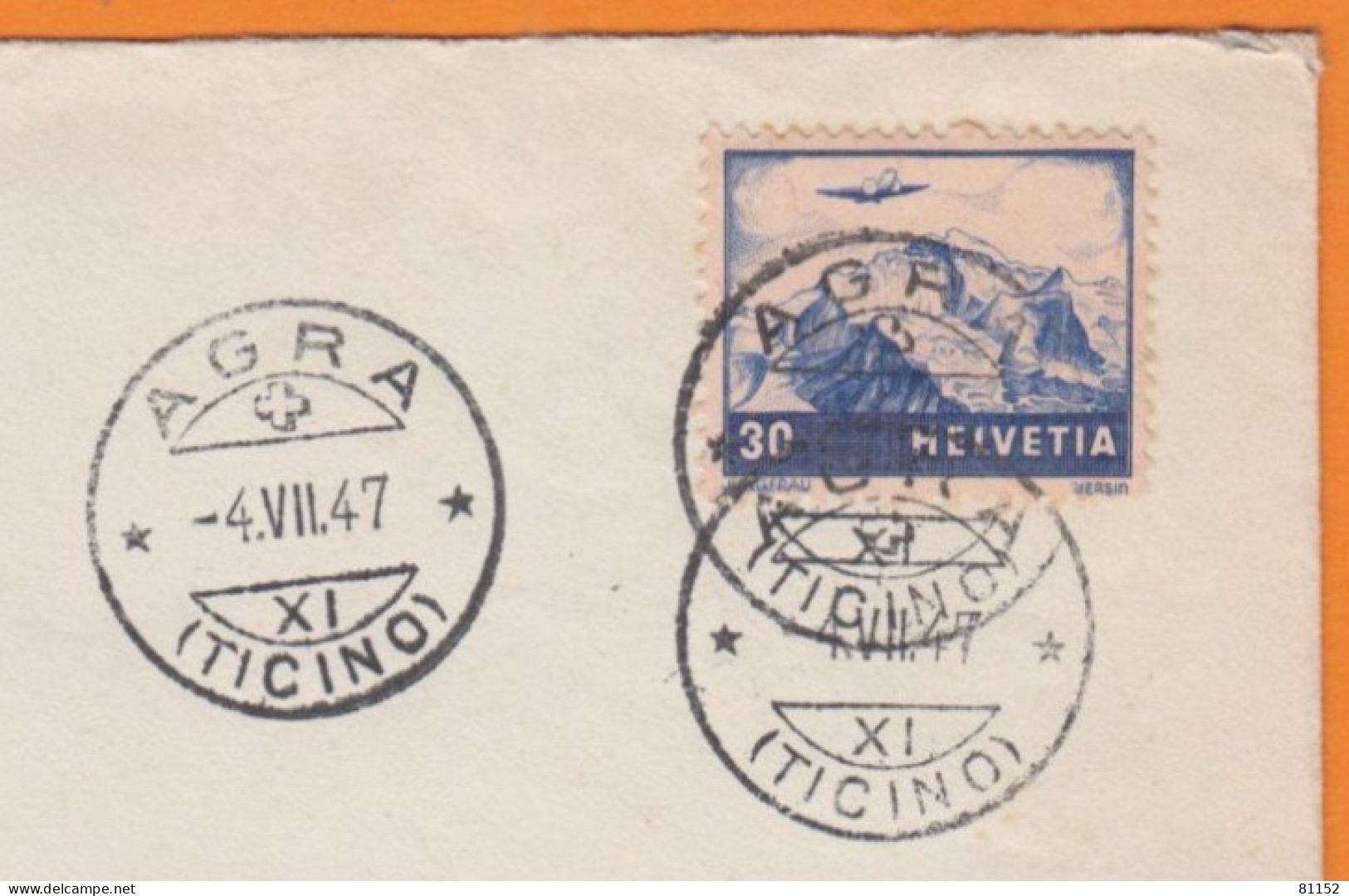 Suisse  Poste Aérienne 30c Outremer  Y.et.T. 27  SEUL Sur Lettre   De  AGRA  Ticino    Le 4  VII 1947  Pour PARIS XIV - Usati