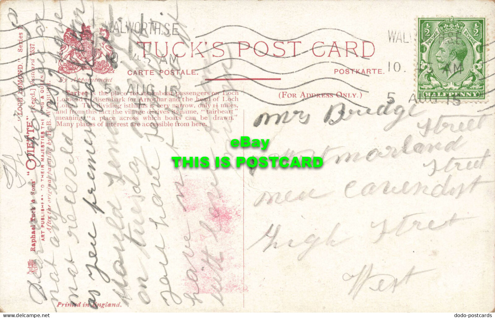 R594284 Loch Lomond. Tarbet. Tuck. Oilette. Series I. Postcard 7537. H. B. Wimbu - World