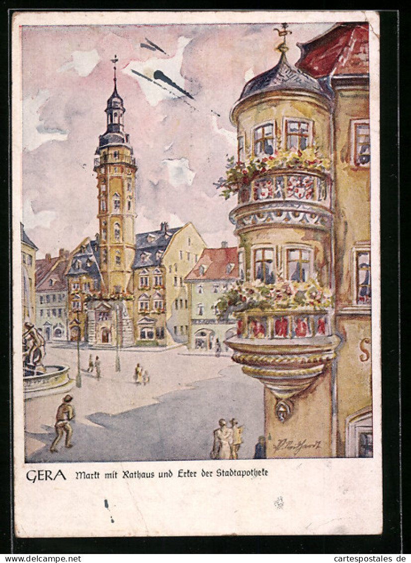 Künstler-AK Gera, Markt Mit Rathaus Und Erker Der Stadtapotheke  - Gera