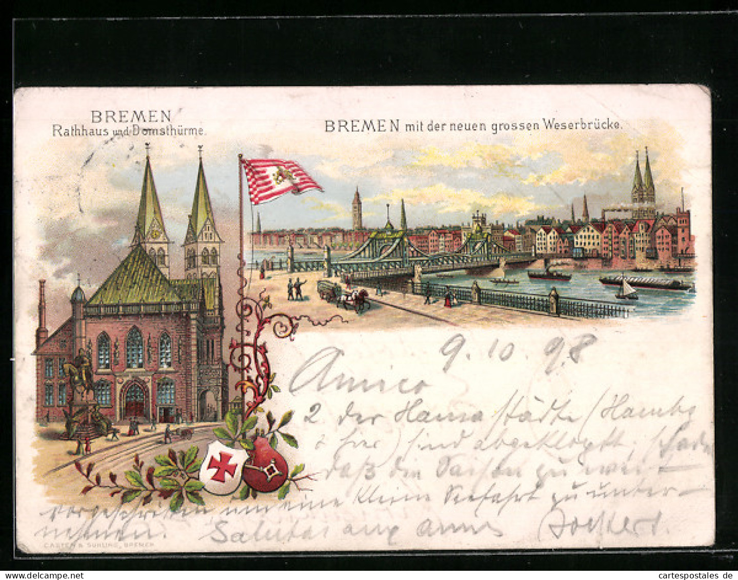 Lithographie Bremen, Rathaus Und Domstürme, Grosse Weserbrücke  - Bremen
