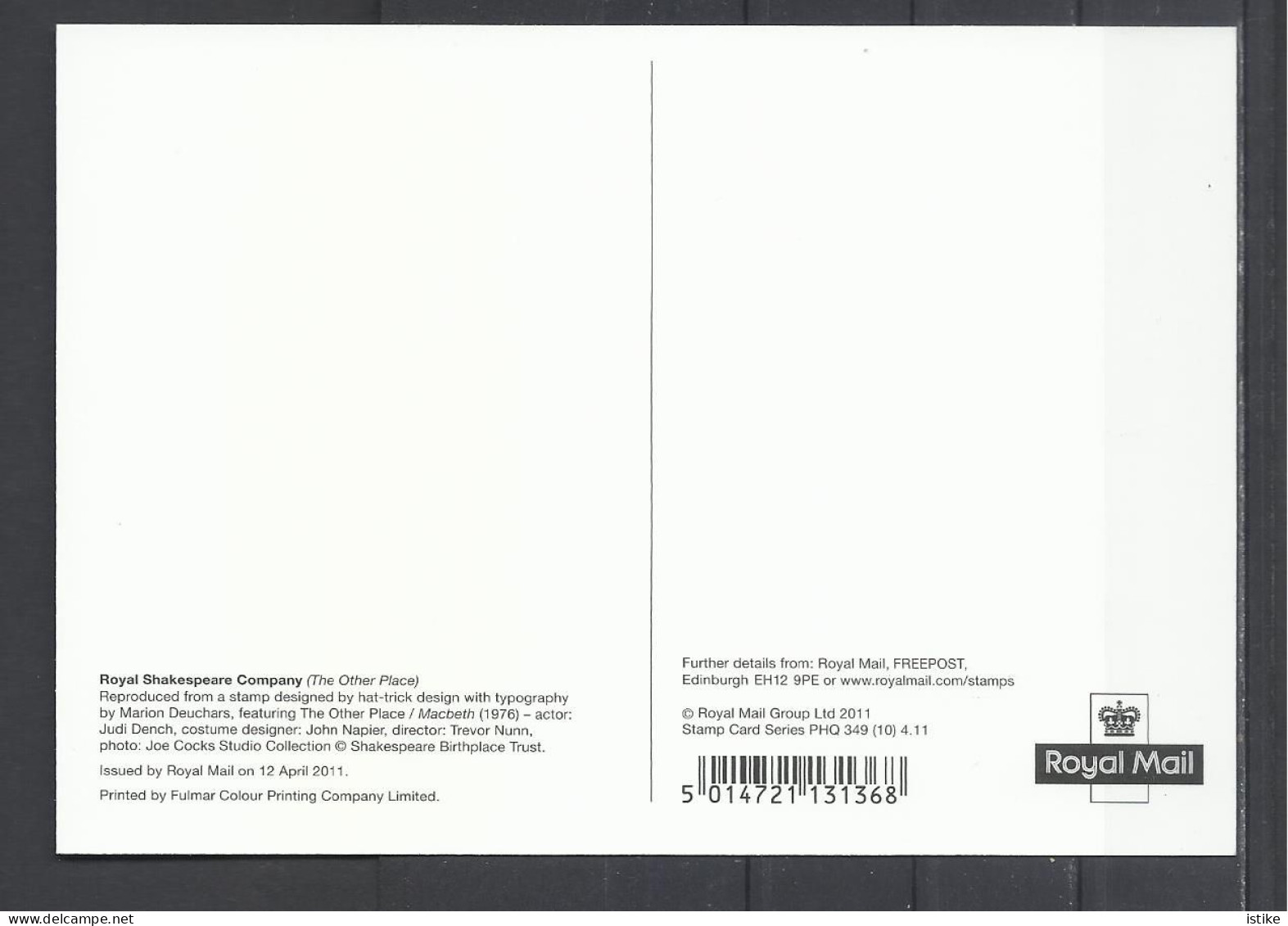 U.K., Royal Shakespeare Company, (The Other Place), Macbeth-Judi Dench. 2011. - Briefmarken (Abbildungen)