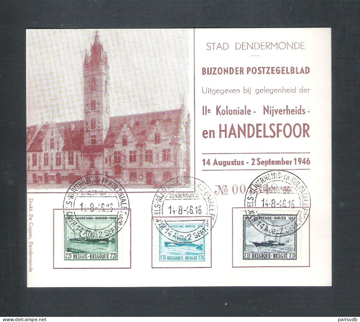 DENDERMONDE- BIJZONDER POSTZEGELBLAD -IIe KOLONIALE-NIJVERHIDS- EN HANDELSFOOR 1946 (14.520) - Dendermonde