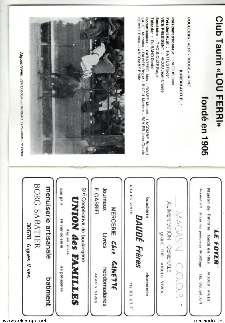 Programme Congrés Course Camarguaise Aigues Vives 1978 ,taureaux Manade Camargue Abrivado Arenes Gardians .... - Programs