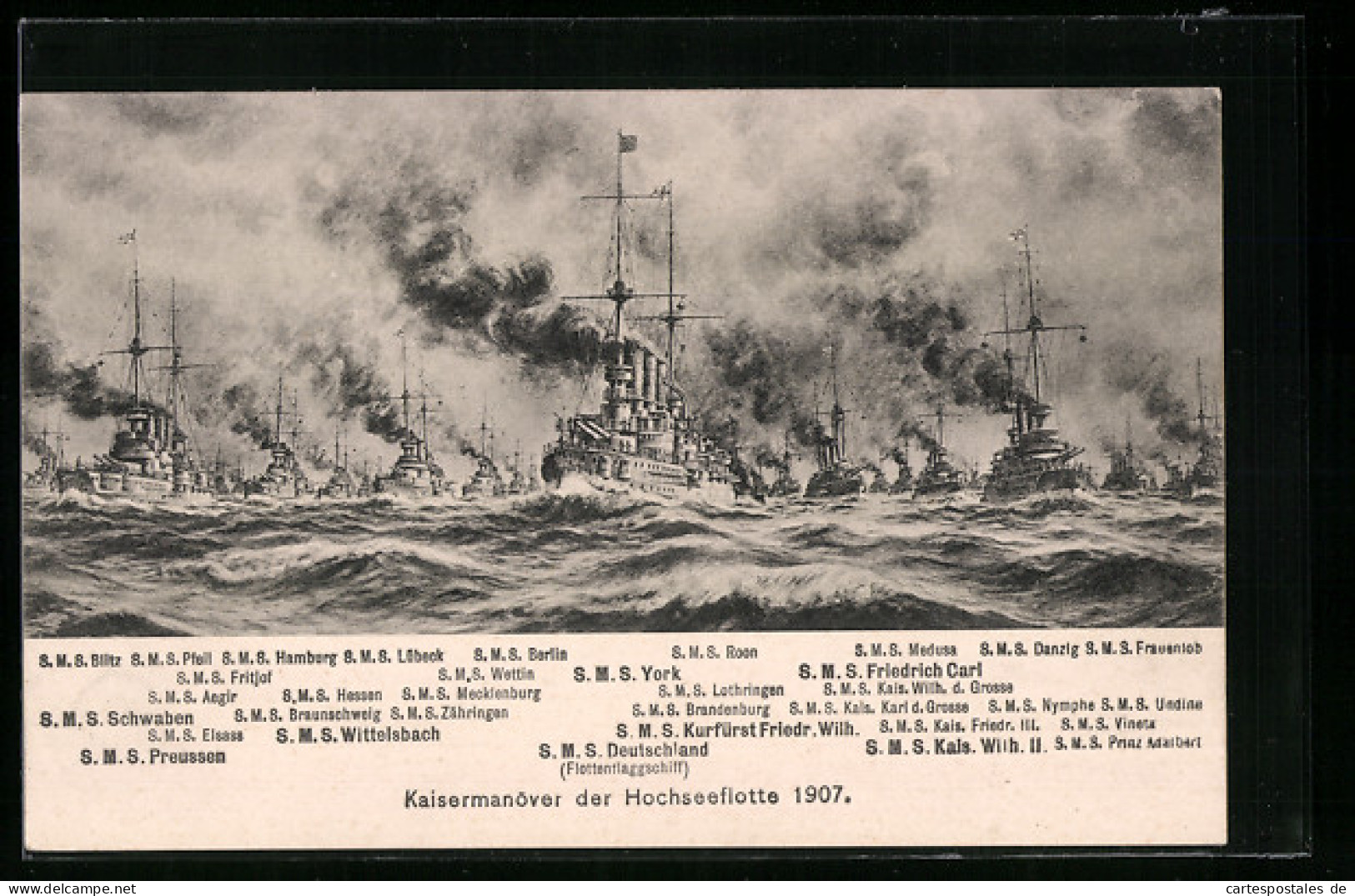 Künstler-AK Kaisermanöver Der Hochseeflotte 1907, SMS Schwaben, SMS Wittelsbach, SMS York  - Warships