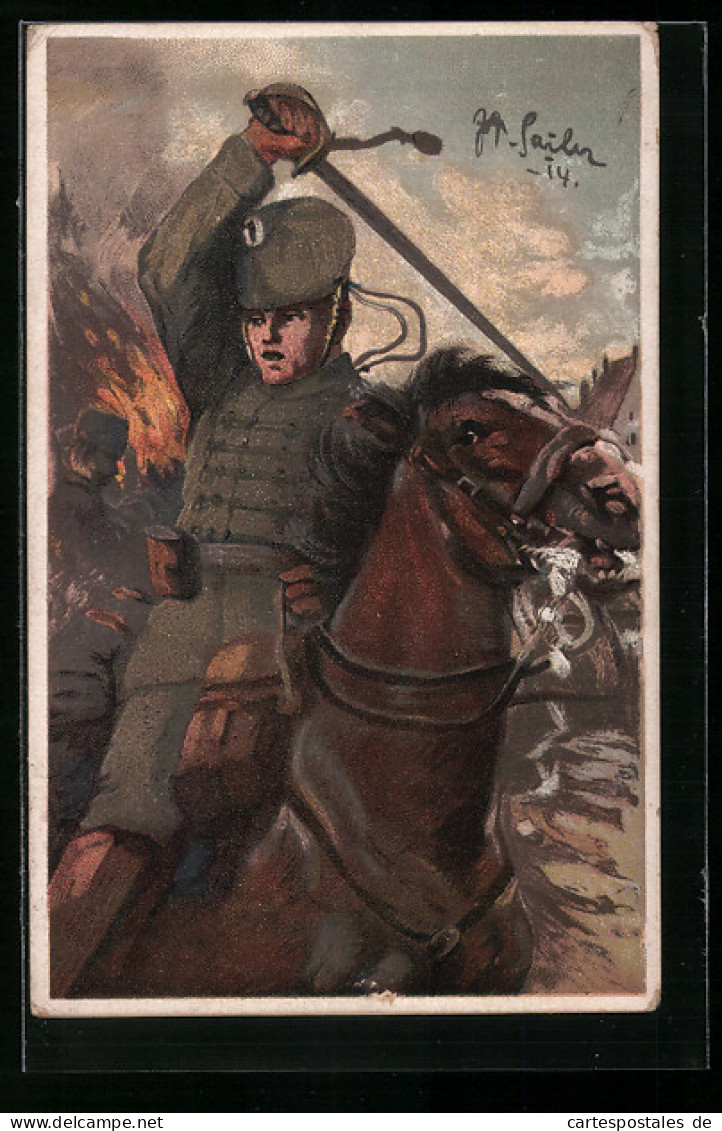 Künstler-AK Gefechtsszene, Deutscher Husar Im Kampf  - Weltkrieg 1914-18