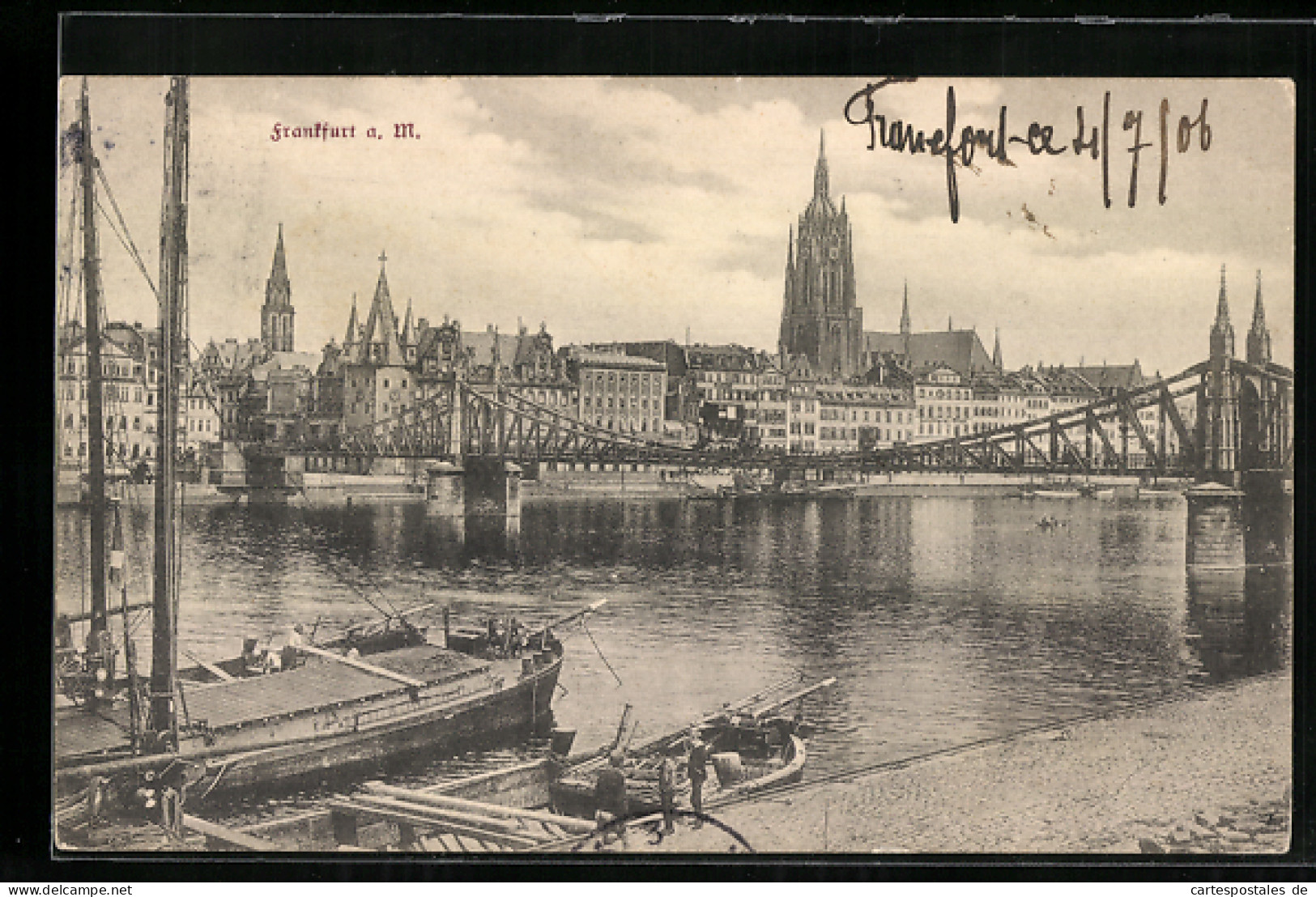 AK Alt-Frankfurt, Blick über Den Main Zur Stadt, Lastkahn  - Frankfurt A. Main