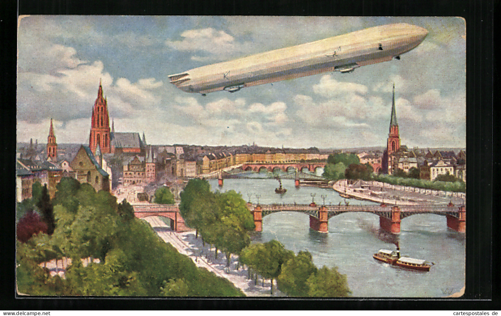 Künstler-AK Frankfurt /Main, Zeppelin über Der Stadt  - Aeronaves
