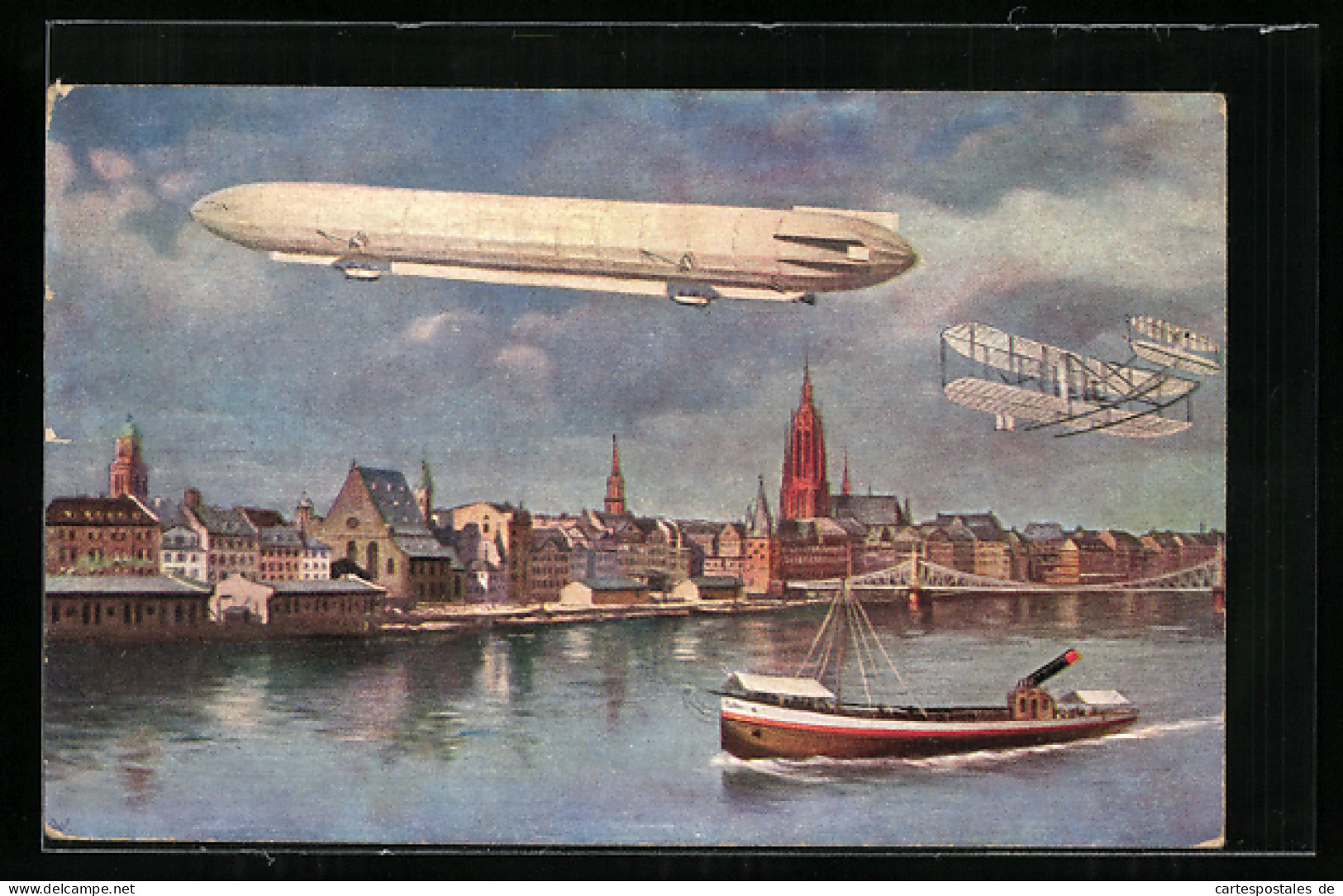 AK Zeppelinfahrt über Die Stadt In Begleitung Eines Flugzeuges  - Zeppeline