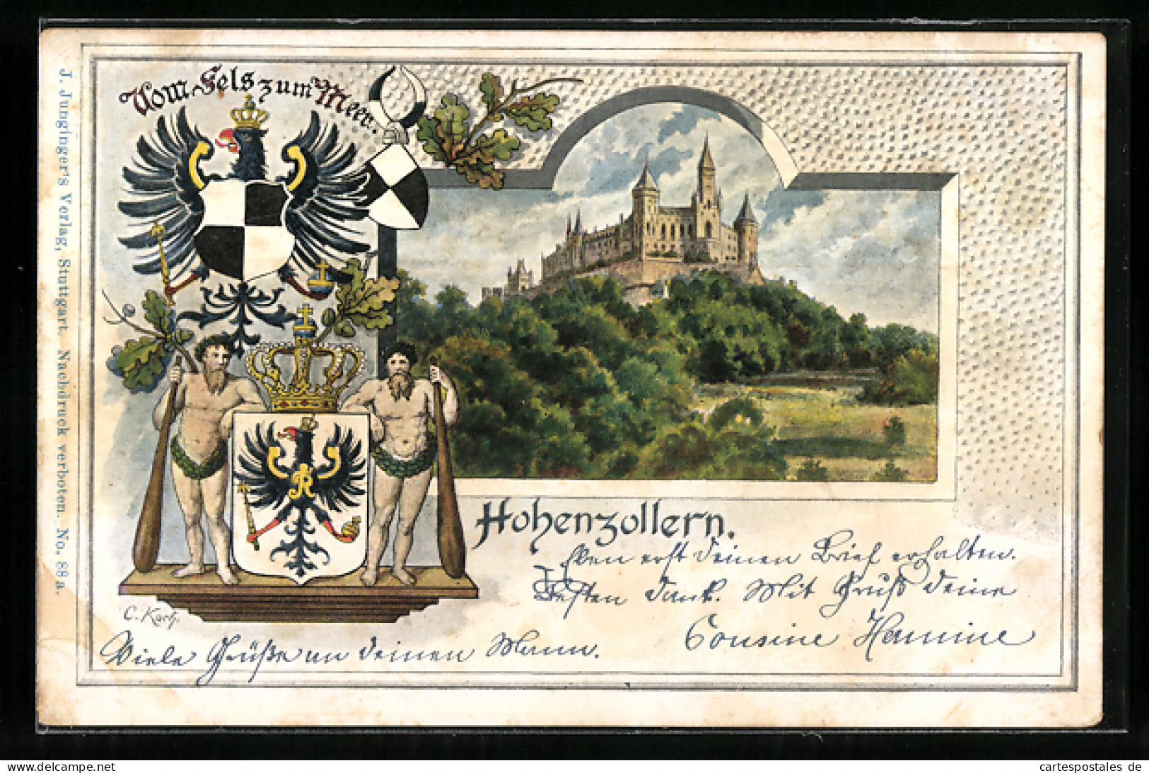 Passepartout-Lithographie Hechingen, Blick Zum Schloss Hohenzollern, Wappen  - Other & Unclassified
