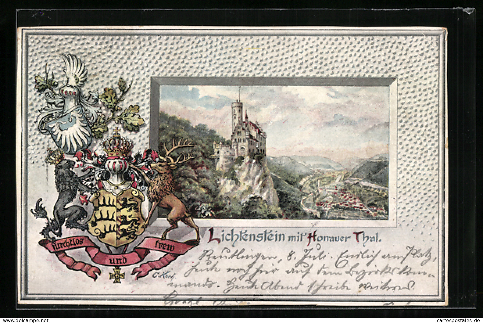 Passepartout-Lithographie Lichtenstein Mit Honauer Thal, Wappen  - Other & Unclassified