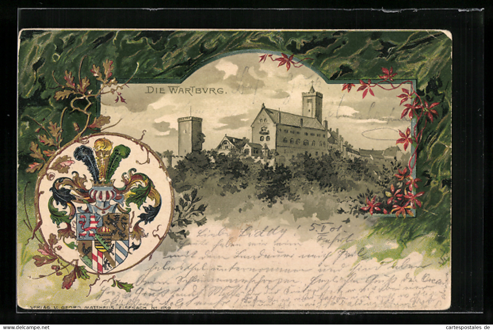 Passepartout-Lithographie Panoramablick Auf Die Wartburg, Wappen  - Other & Unclassified