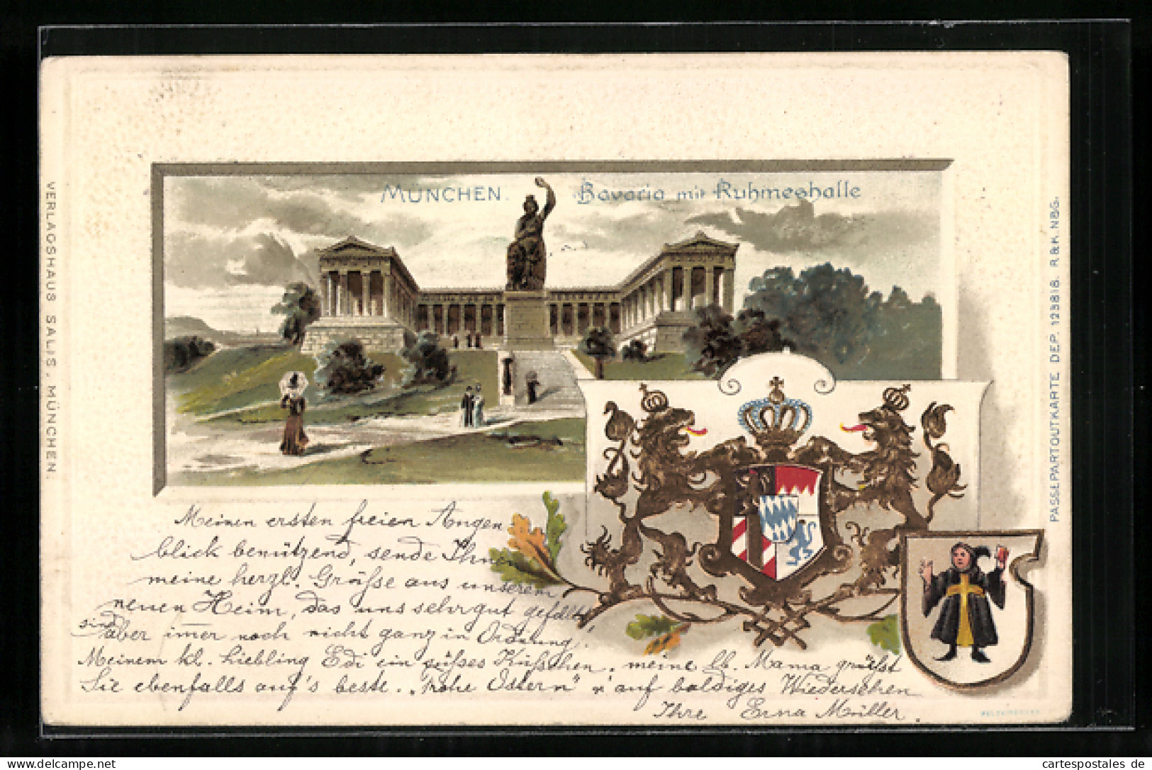 Passepartout-Lithographie München, Bavaria Mit Ruhmeshalle, Wappen, Müchner Kindl  - Sonstige & Ohne Zuordnung