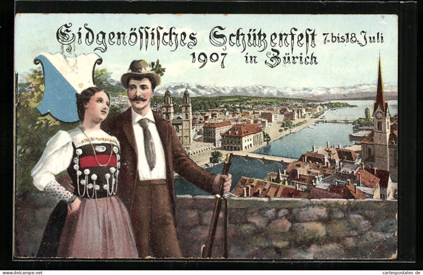 AK Zürich, Eidg. Schützenfest 1907, Dame In Tracht Und Schütze Mit Gewehr, Wappen  - Jagd