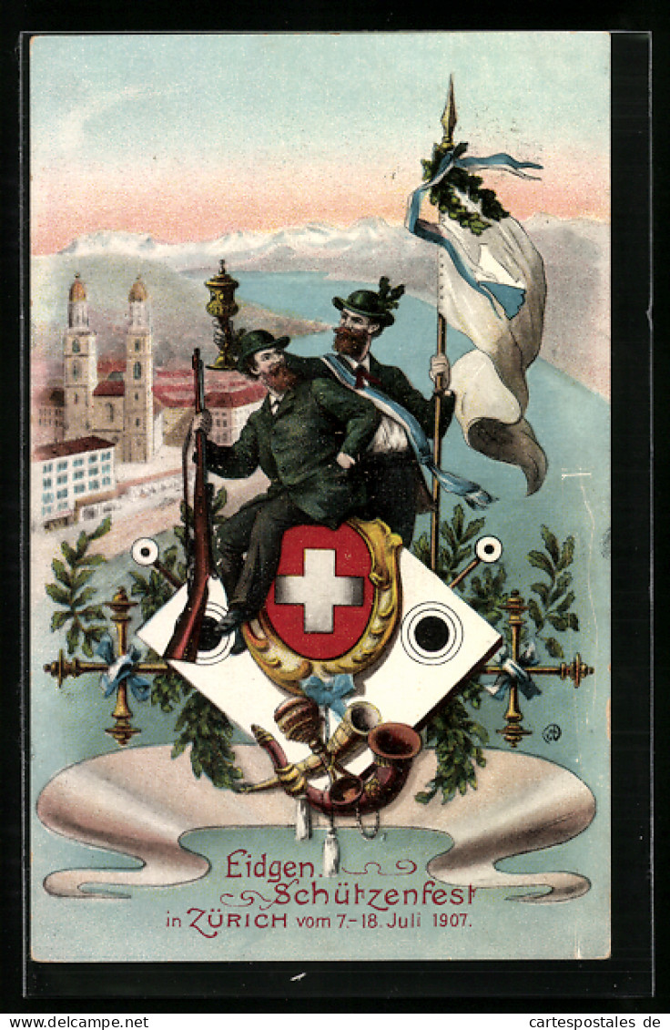 Künstler-AK Zürich, Schweizer Schützenfest Juli 1907, Stadtansicht, Schützen In Trachten Mit Wappen  - Jacht
