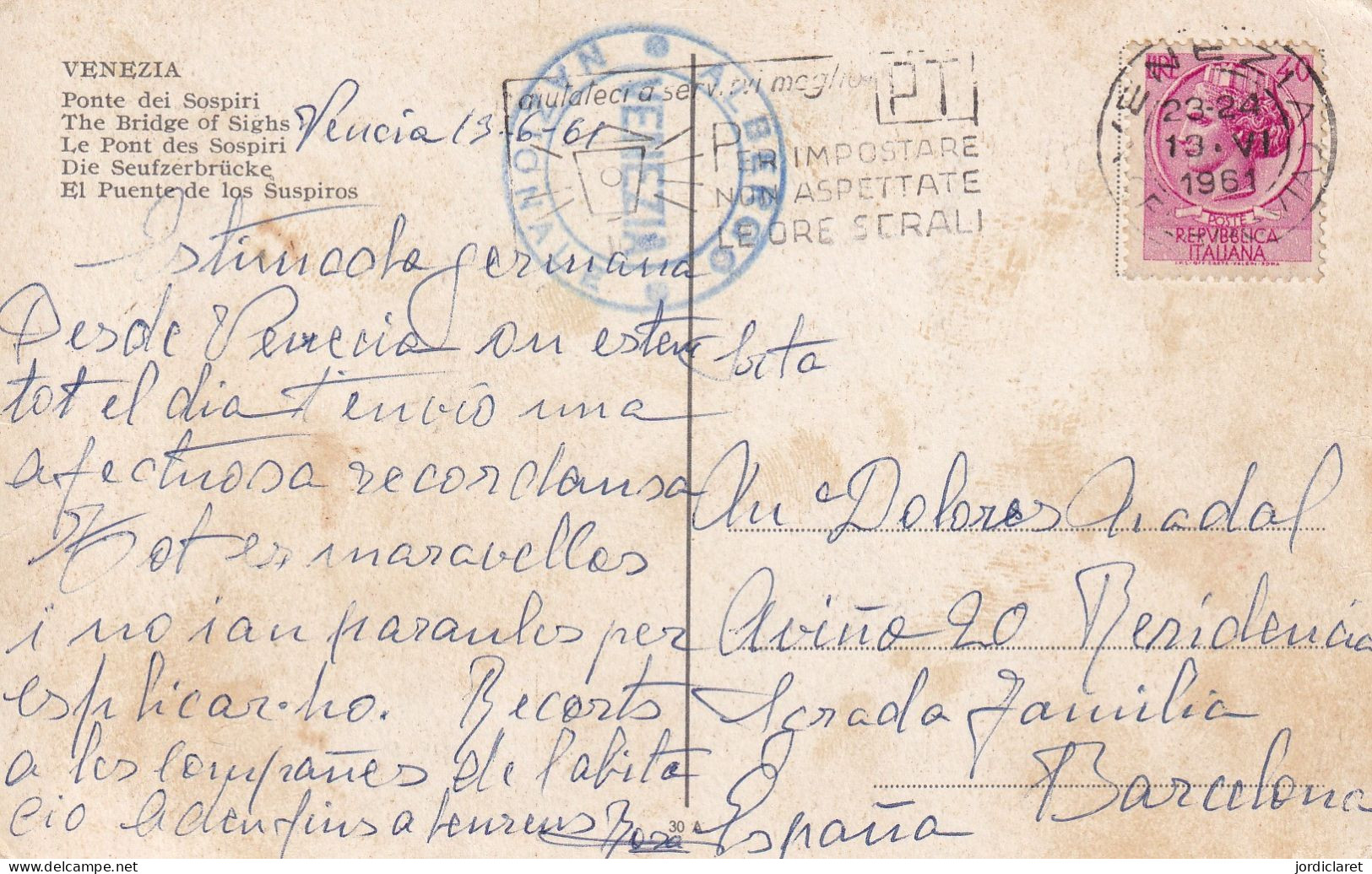 CARD 1961  MARCA ALBERGO   NAZIONAL  VENECIA - 1961-70: Marcophilie