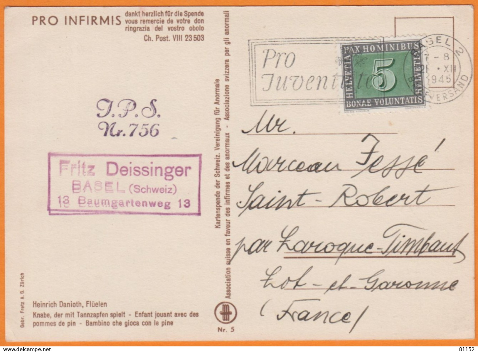 PRO-JUVENTUTE Sur CPA Postée à BASEL 1945 Avec  5c Gris Y.et.T.405 Pour  SAINT-ROBERT  Lot Et Garonne - Lettres & Documents