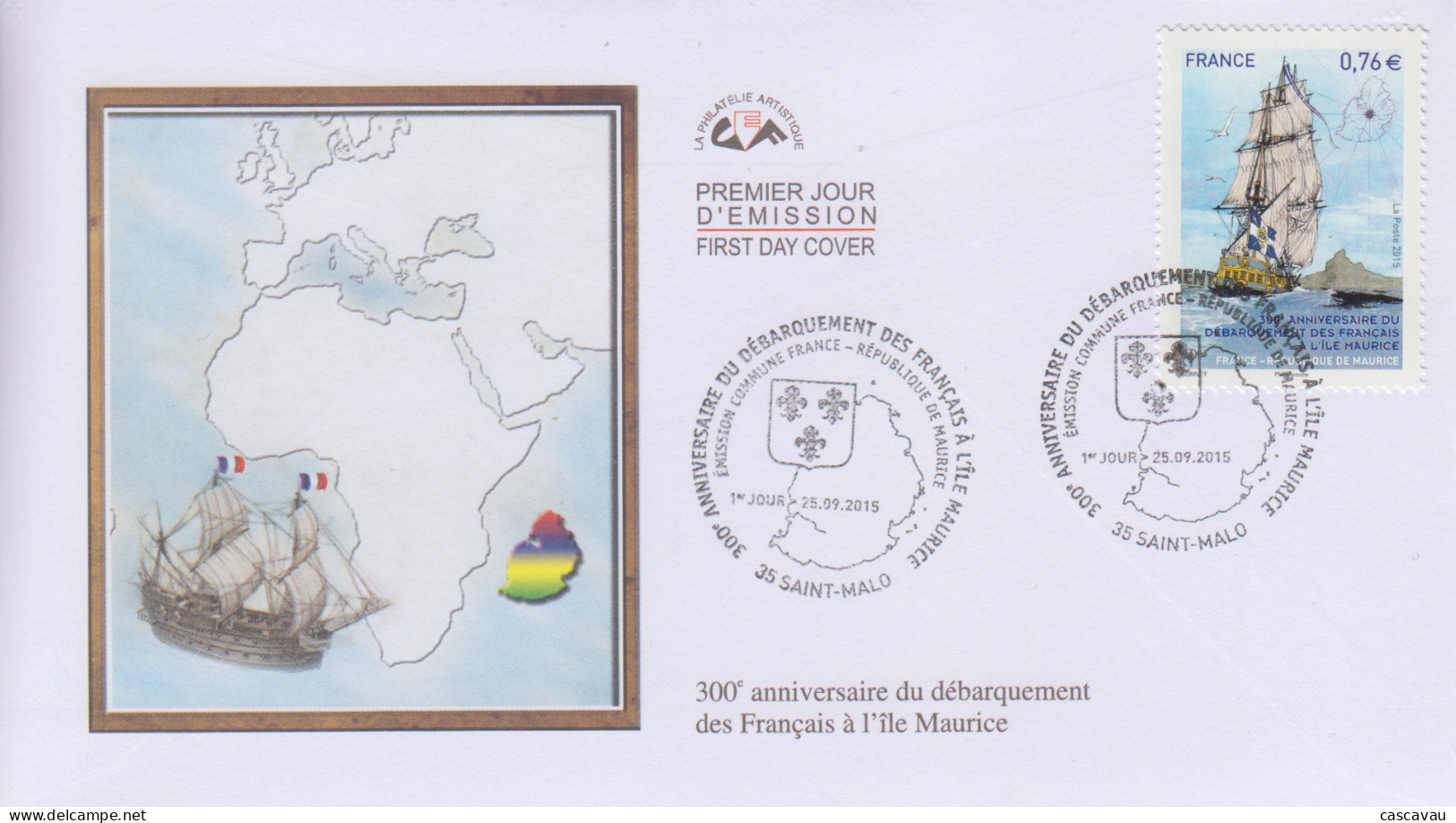 Enveloppe  FDC  1er  Jour    FRANCE   Emission  Commune  FRANCE  -  ILE  MAURICE      SAINT  MALO    2015 - 2010-2019