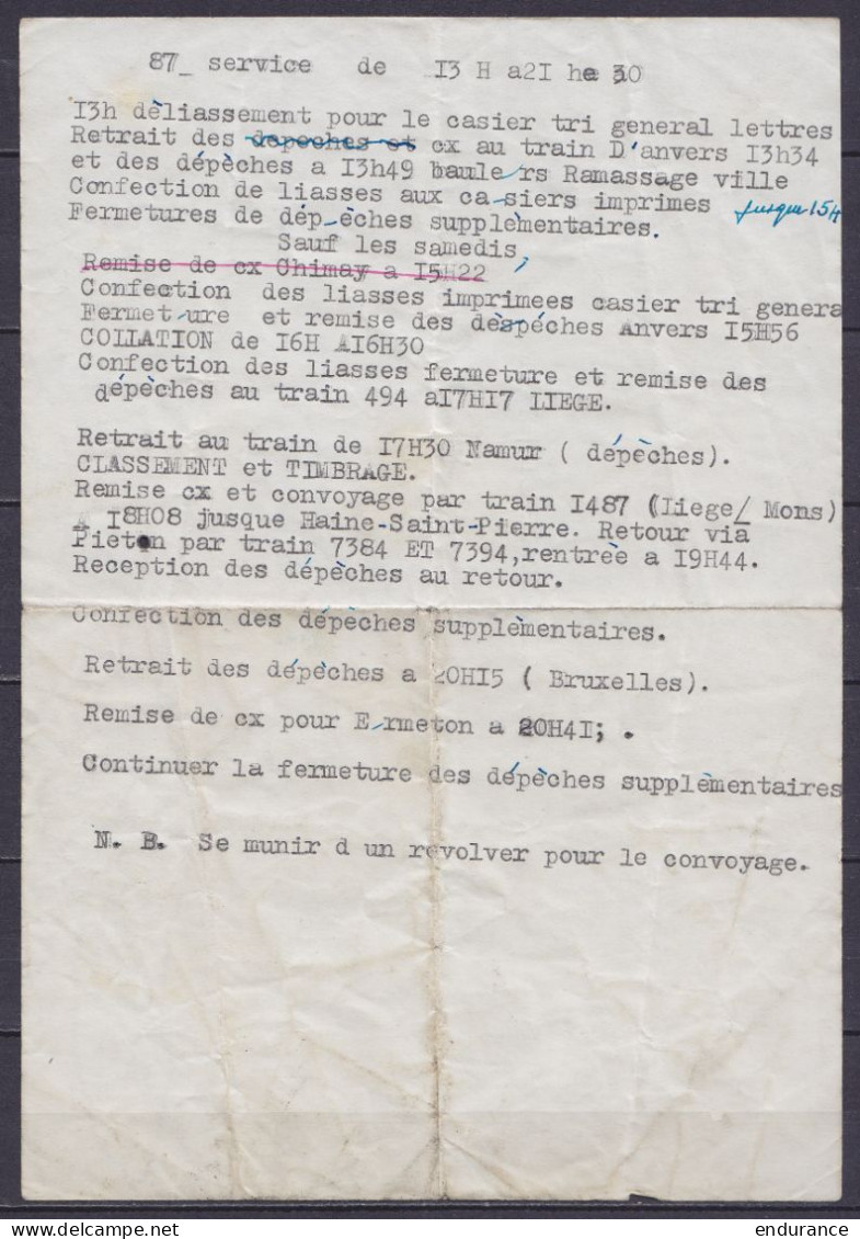 Note De Service De La Poste - Correspondance Des Ambulants De Charleroi 1 Pour Walcourt - Voir Texte : "… Se Munir D'un  - Ambulantes