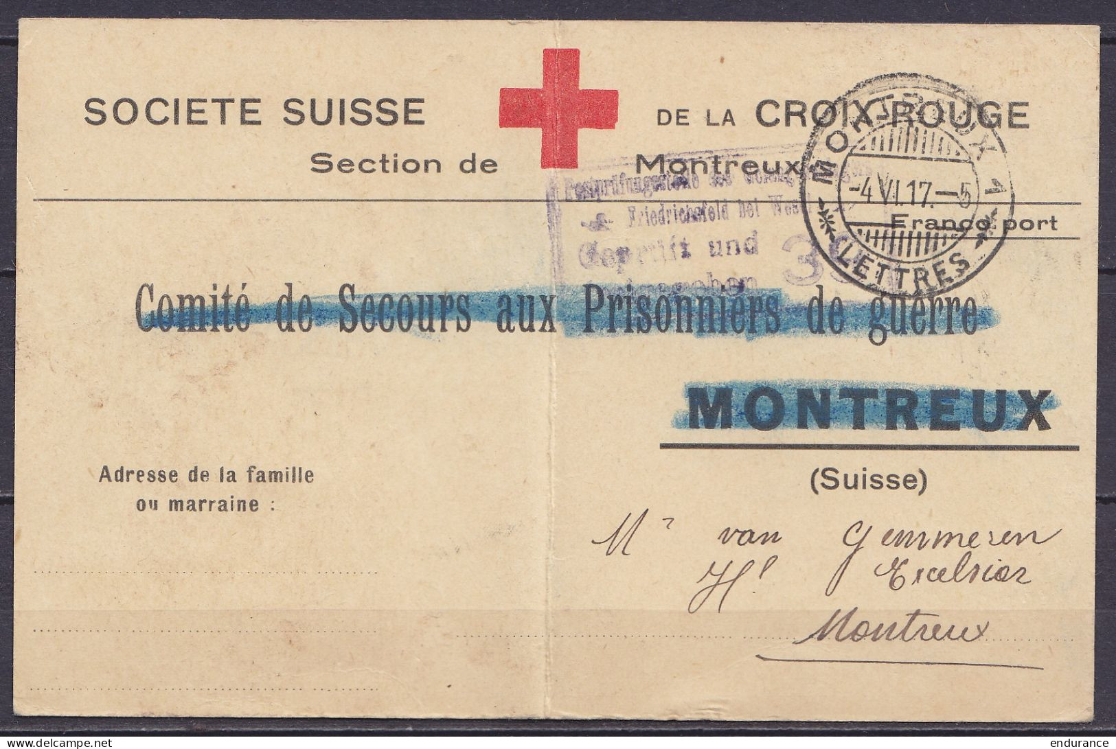 Carte "Société Suisse De La Croix-Rouge / Section De Montreux" En Franchise Càpt "MONTREUX /-4 VI 1917/ LETTRES" Pour E/ - Vrijstelling Van Portkosten