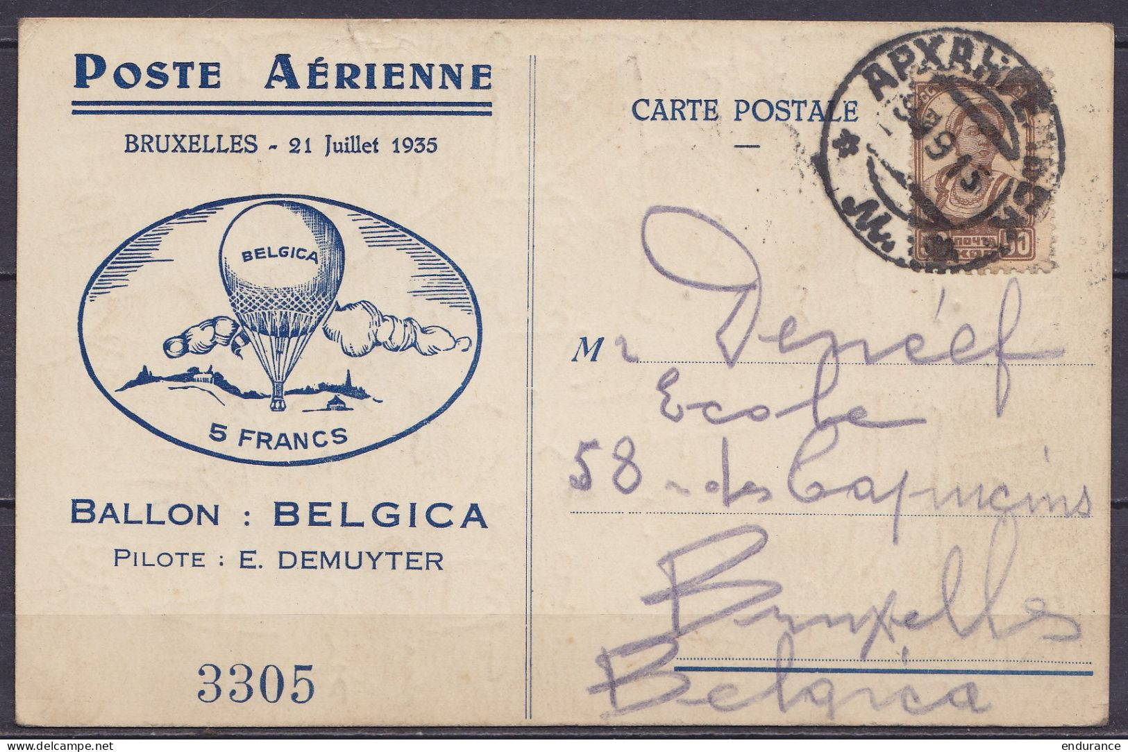 CP "Poste Aérienne / Ballon Belgica / 5 Francs" Affr. Tp URSS 50k Càpt ARKANGELSK /6-9-1936 Pour BRUXELLES - Altri & Non Classificati