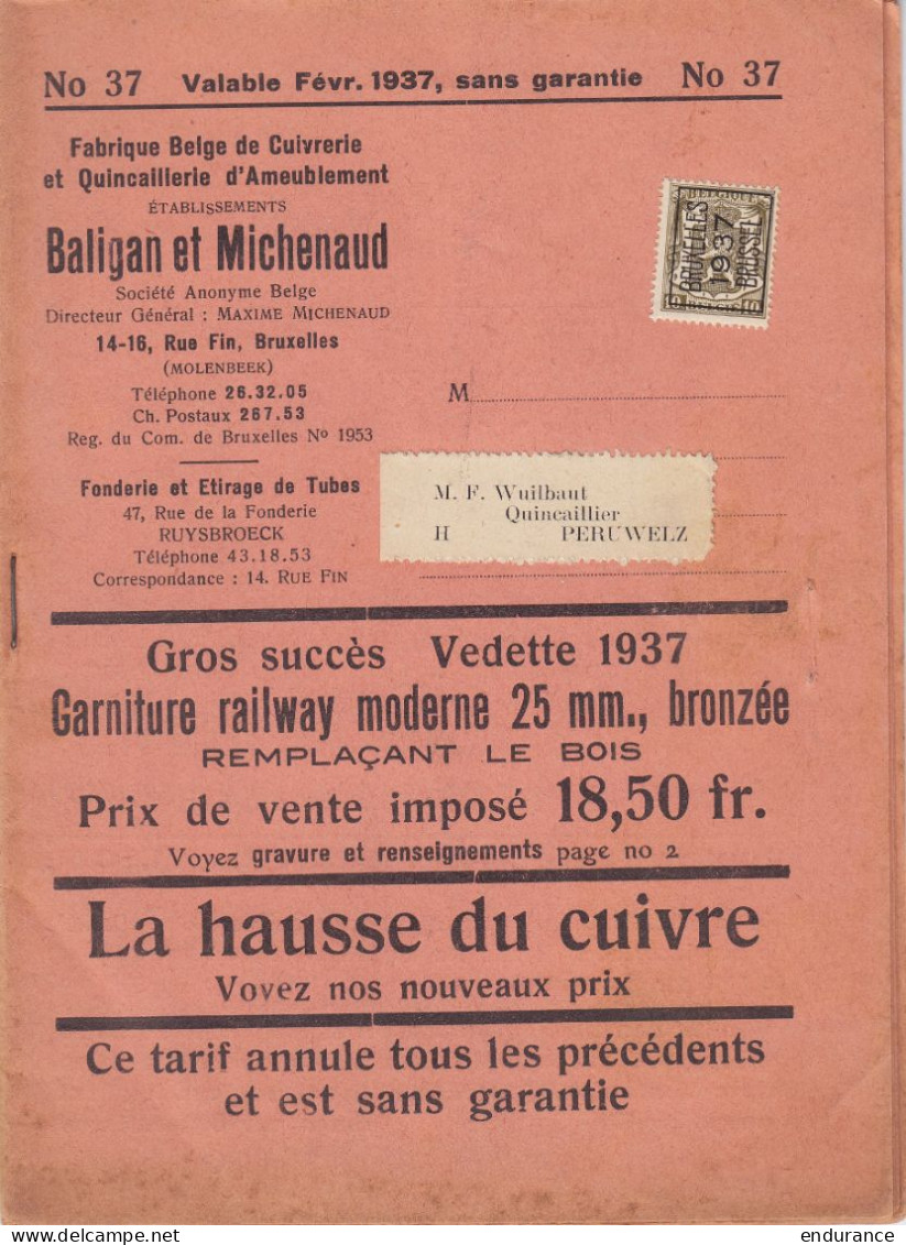 Tarif "Fabrique Belge De Cuivrerie … Balligan Et Michenaud" - Imprimé Affr. PREO 10c Olive (type N°420) Surch. [BRUXELLE - Typos 1936-51 (Petit Sceau)