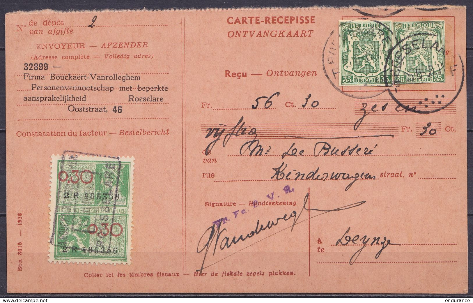 Carte-récépissé Affr. 2x Découpe D'entier EP 35c Vert (type N°425) Càd ROESELAERE /5-6-1938 Pour DEYNZE - Tp Fiscal 0,30 - 1935-1949 Petit Sceau De L'Etat