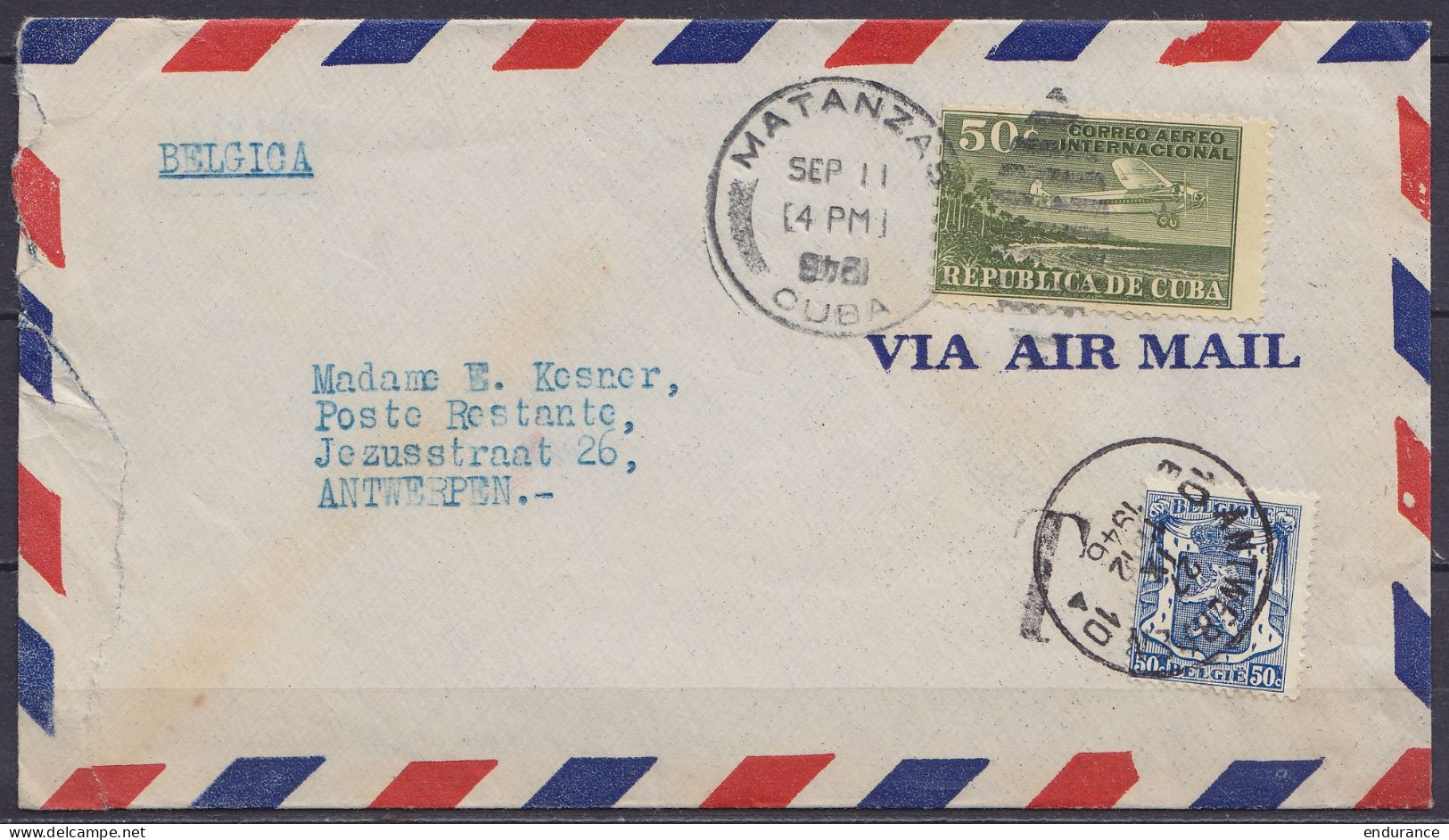 Cuba - Env. Par Avion Affr. 50c Cçd MATANZAS /SEP 11 1946 (année Inversée !) Pour Et Taxé 50c à ANTWERPEN - Càd ANTWERPE - Covers & Documents