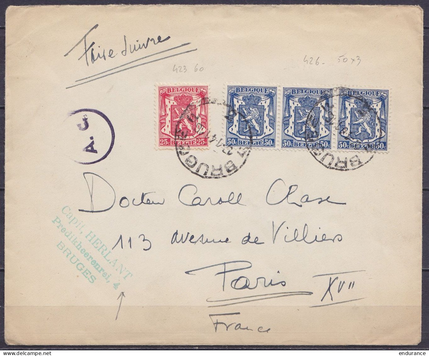 Env. Affr. N°423+3x426 Càd BRUGGE17-1-1941 Du Capitaine Herlant Pour PARIS XVII - Cachet Censure - 1935-1949 Sellos Pequeños Del Estado