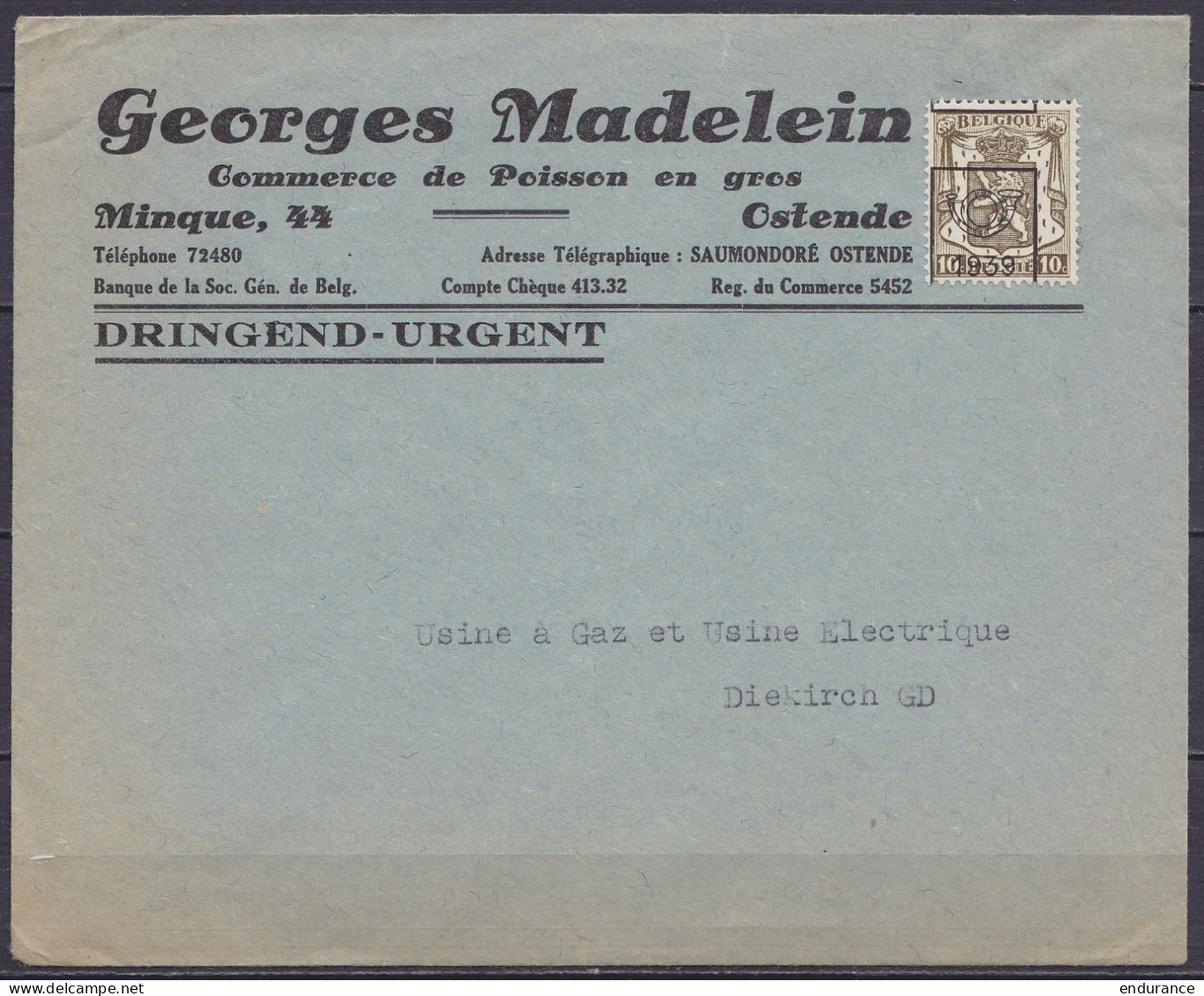 Env. Imprimé "G. Madelein - Poisson En Gros" Affr. PREO 10c Olive (type N°420) Surch. [Cor De Poste / 1939] Décalée Pour - Typos 1936-51 (Petit Sceau)