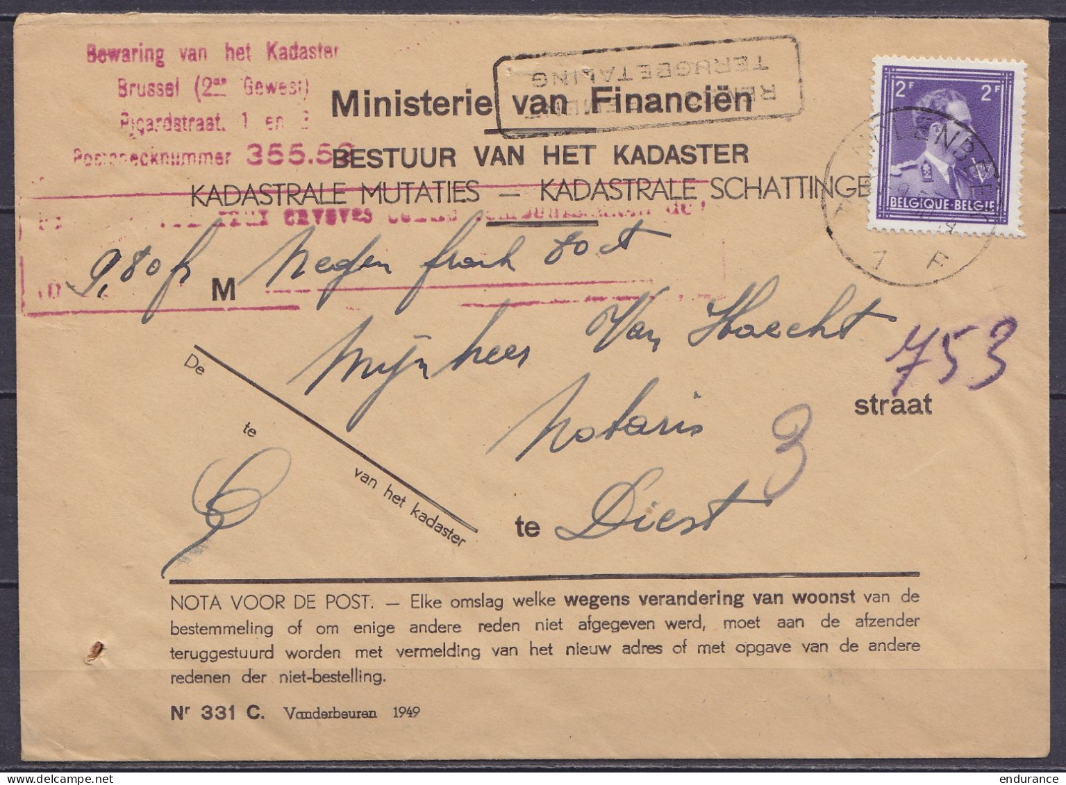 Env. "Ministerie Van Financiën / Bestuur Van Het Kadaster" Affr. N°693 Càd MOLENBEEK /2--9-1950 Pour Notaire à DIEST - G - 1936-1957 Collo Aperto