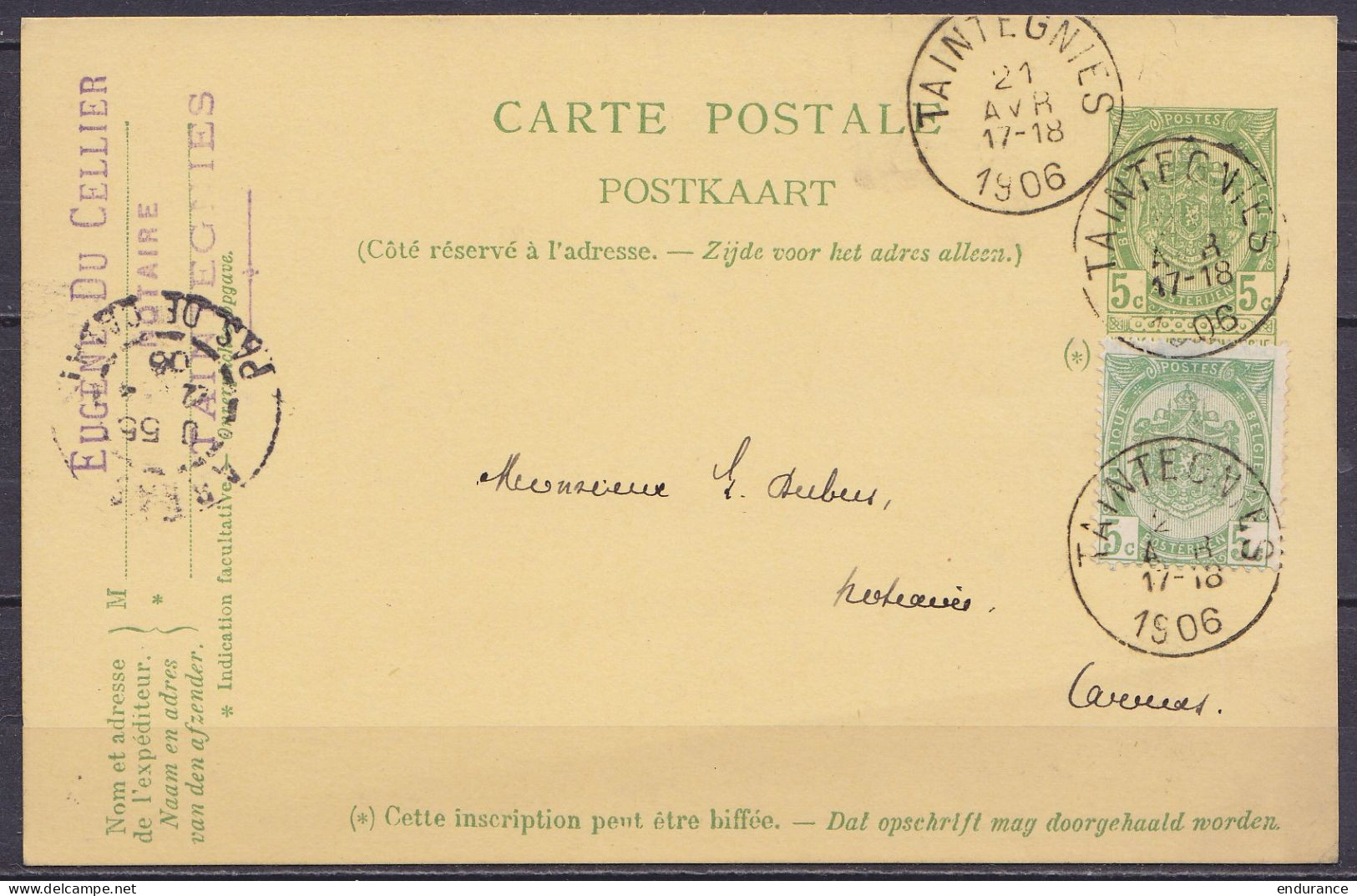 EP CP 5c Vert (type N°56) + N°56 Càd TAINTEGNIES /21 AVR 1906 Pour Notaire Dubus à ARRAS - Càd Arrivée ARRAS / PAS-DE-CA - Postkarten 1871-1909