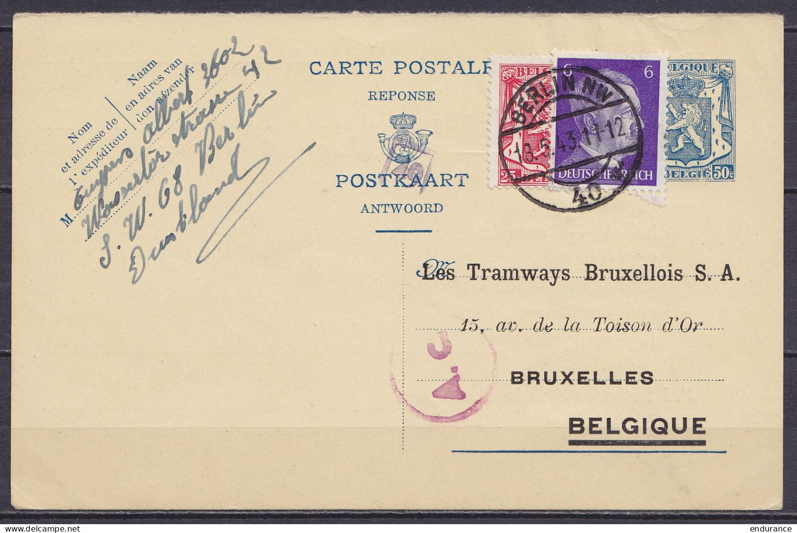 EP CP Réponse 50c (type N°426) Répiqué "Tramways Bruxellois" (confirmation Réception De Colis Pour Prisonnier Belge) + N - Weltkrieg 1939-45 (Briefe U. Dokumente)
