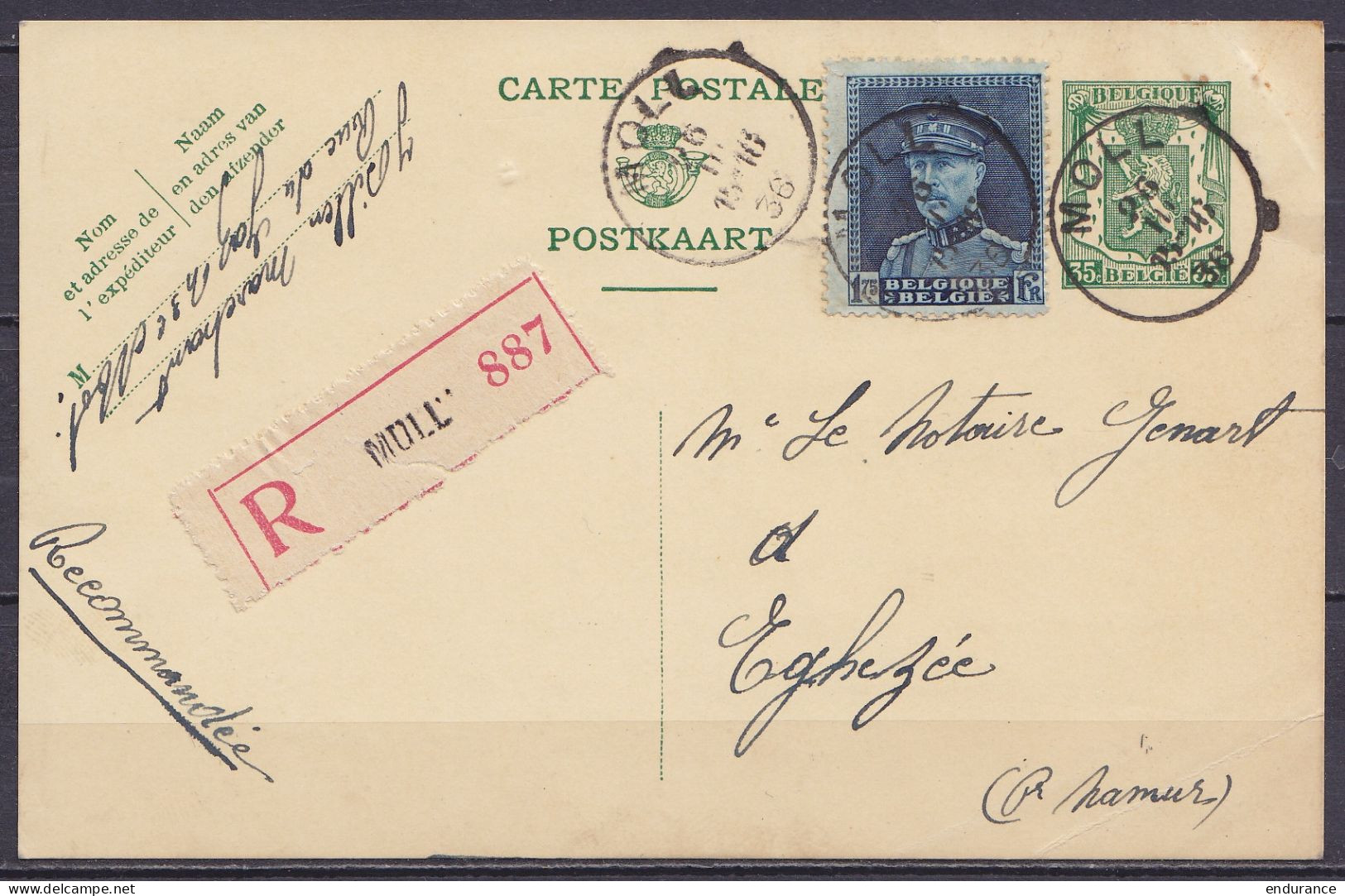 EP CP 35c Vert (type N°425) + N°320 Càd MOLL /26 III 1936 (Mol) Pour EGHEZEE En Recommandé - Postcards 1934-1951