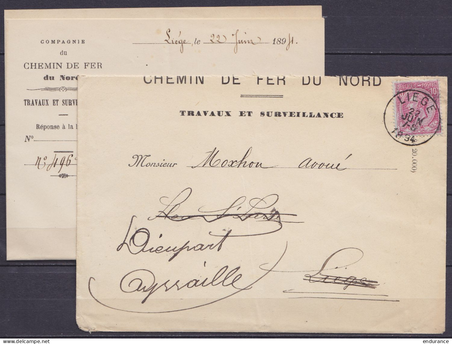 LAC "Chemin De Fer Du Nord" Affr. N°46 Càd LIEGE /22 JUIN 1894 Pour E/V Réexpédiée à DIEUPART Aywaille (au Dos: Càd Arri - 1884-1891 Leopold II