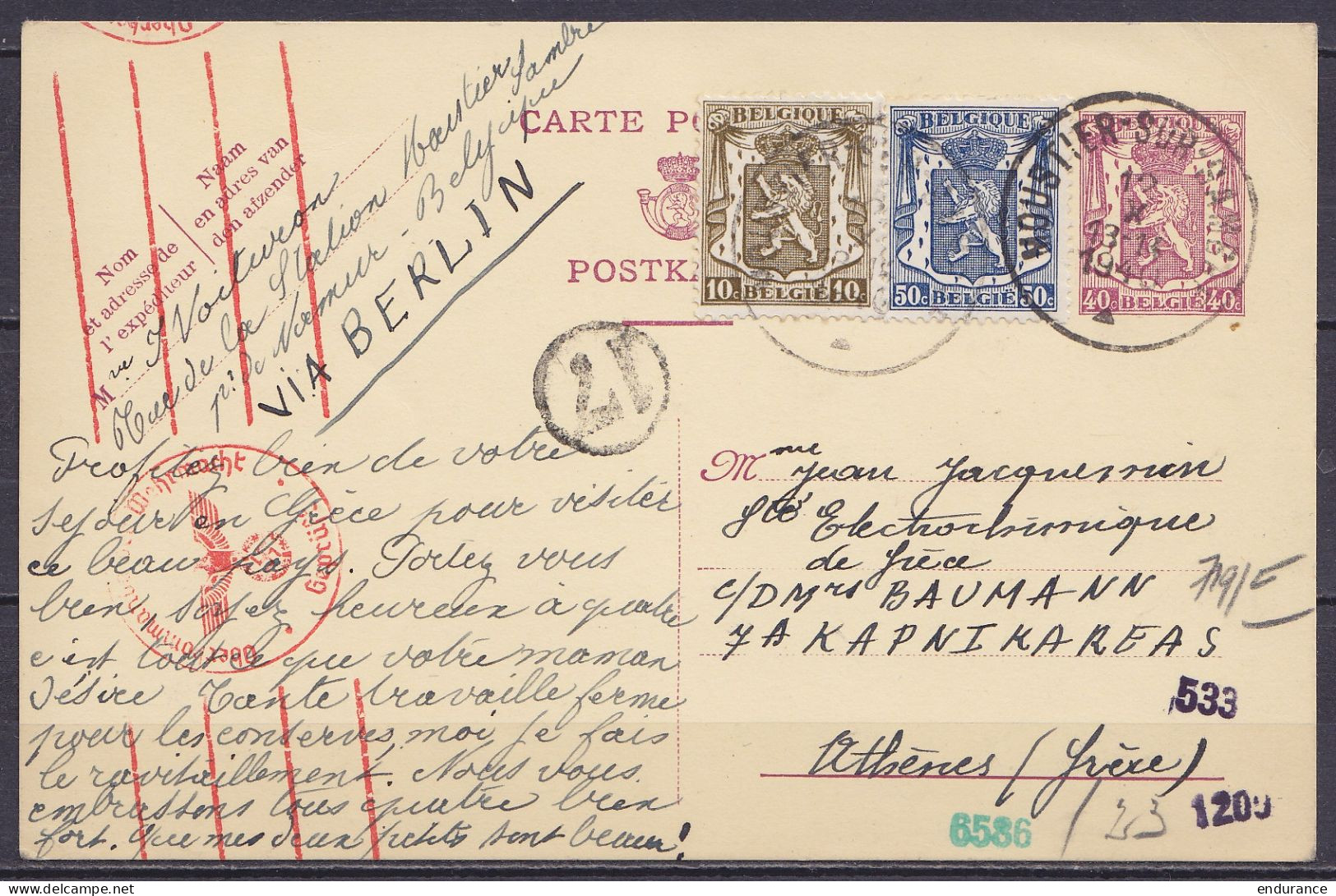 EP CP 40c Lilas (type N°479) + N°420+426 Càd MOUSTIER-SUR-SAMBRE /12 X 1940 Pour ATHENES Grèce "via Berlin" - Cachets Ce - Guerra 40 – 45 (Cartas & Documentos)