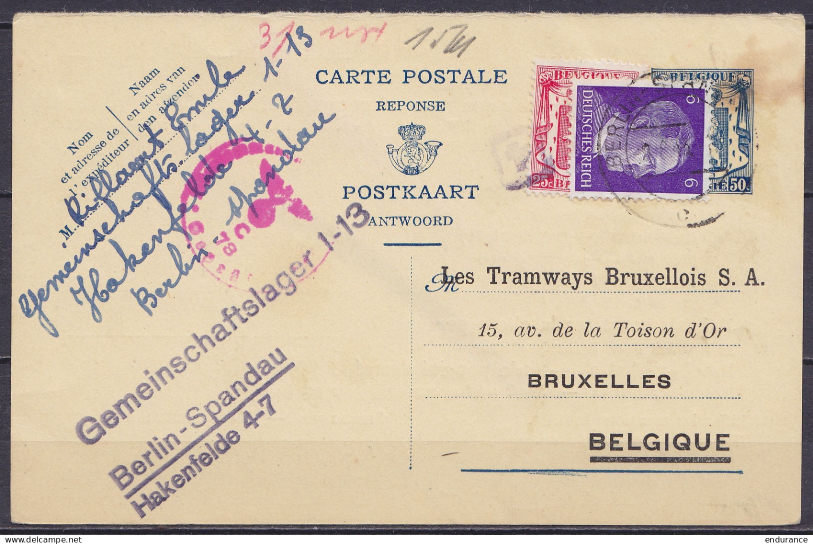 EP CP Réponse 50c (type N°426) Répiqué "Tramways Bruxellois" (confirmation Réception De Colis Pour Prisonnier Belge) + N - Guerra '40-'45 (Storia Postale)