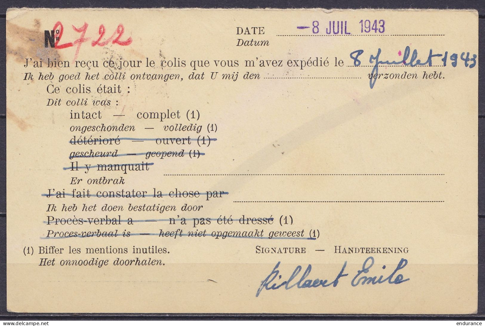 EP CP Réponse 50c (type N°426) Répiqué "Tramways Bruxellois" (confirmation Réception De Colis Pour Prisonnier Belge) + N - Guerra 40 – 45 (Cartas & Documentos)