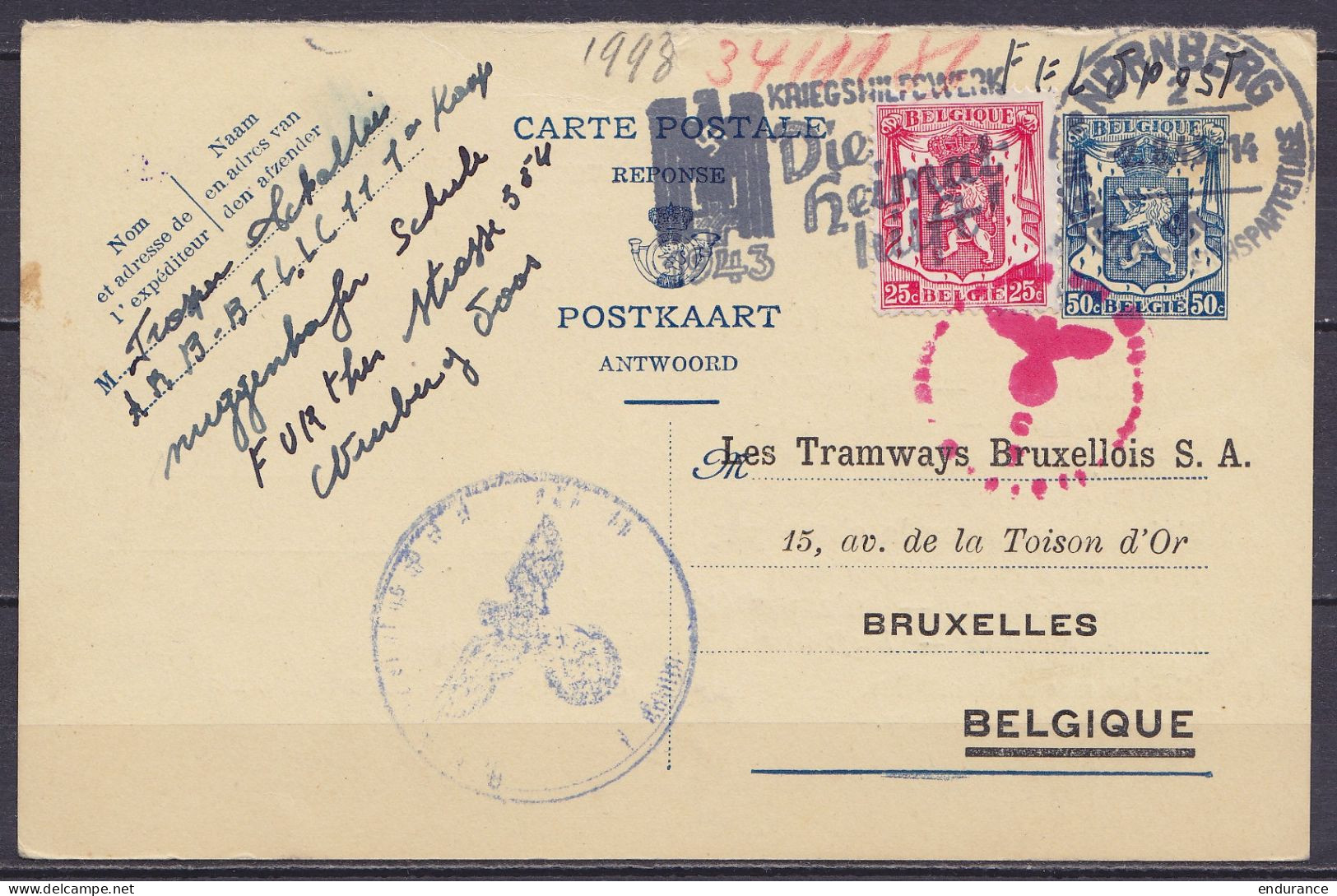 EP CP Réponse 50c (type N°426) Répiqué "Tramways Bruxellois" (confirmation Réception De Colis Pour Prisonnier Belge) + N - Briefkaarten 1934-1951