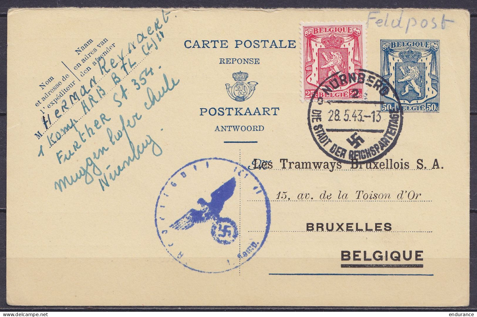 EP CP Réponse 50c (type N°426) Répiqué "Tramways Bruxellois" (confirmation Réception De Colis Pour Prisonnier Belge) + N - Cartoline 1934-1951