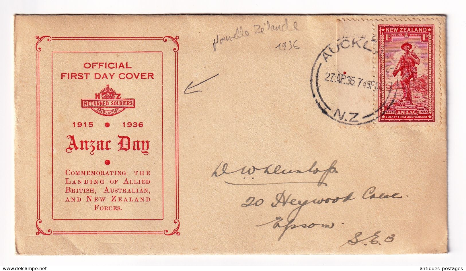 WW1 FDC New Zeland Auckland 1936 Anzar Day Returned Soldiers World War I - FDC